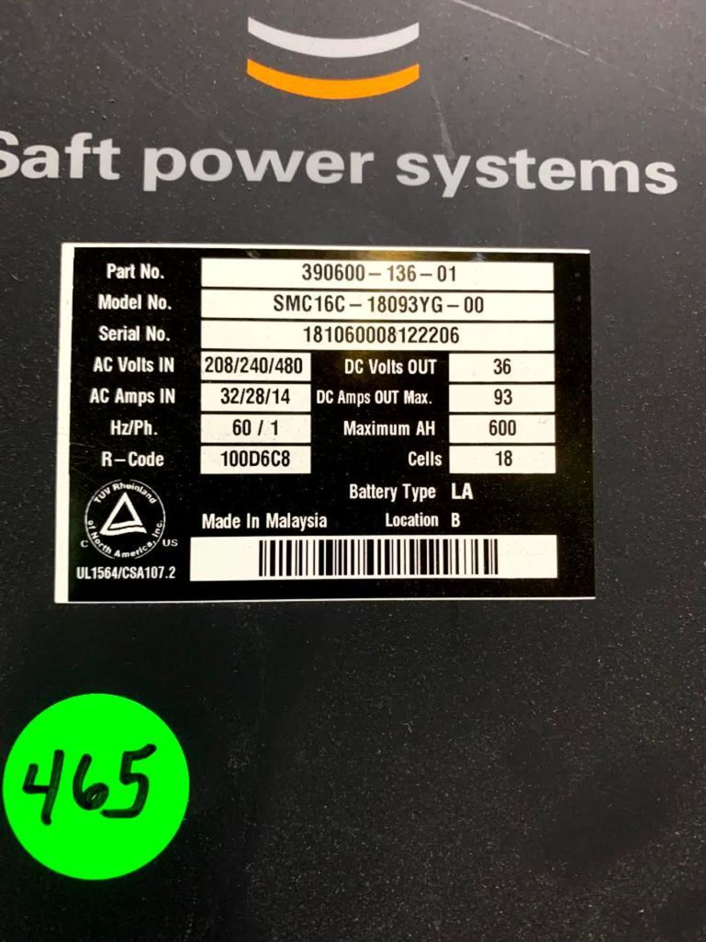 Saft 36 V Battery Charger, Model SMC16C, S/N 122206 (2nd Floor) - Image 3 of 3