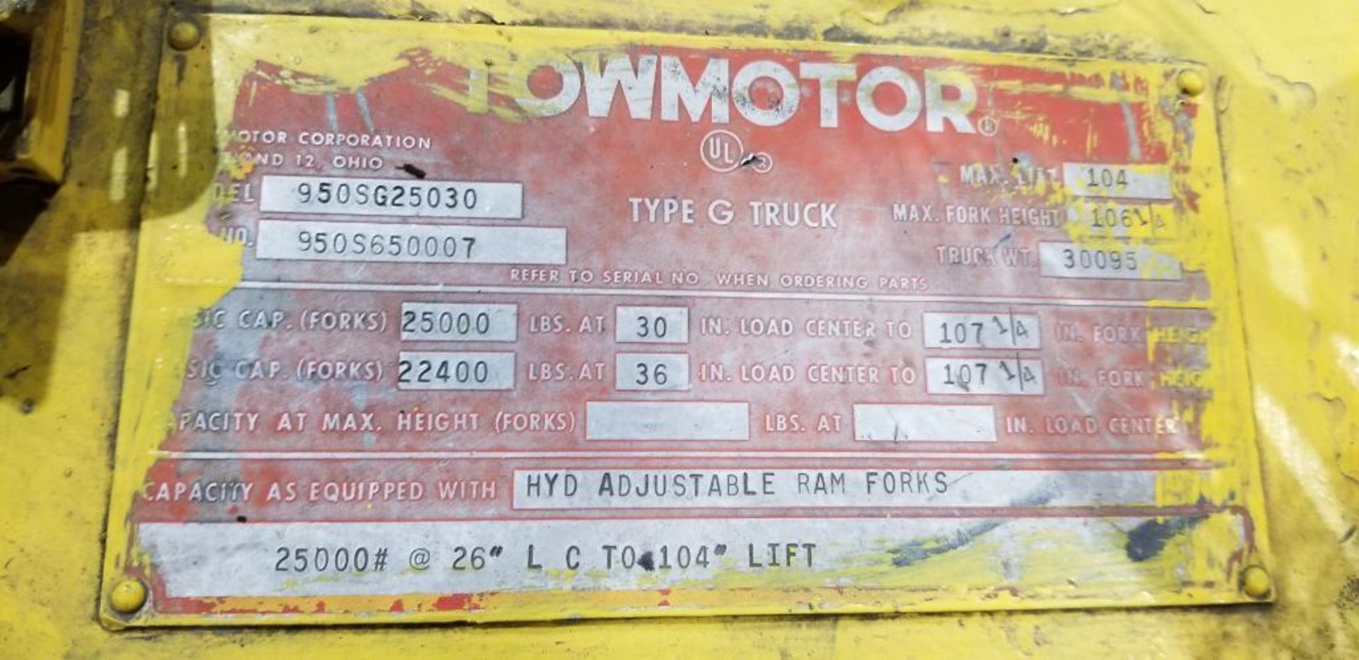 Towmotor Forklift Truck, Model 950SG25030, S/N 950S650007, LPG, 25,000 LB. Capacity, 2-Stage Mast, 1 - Image 9 of 9