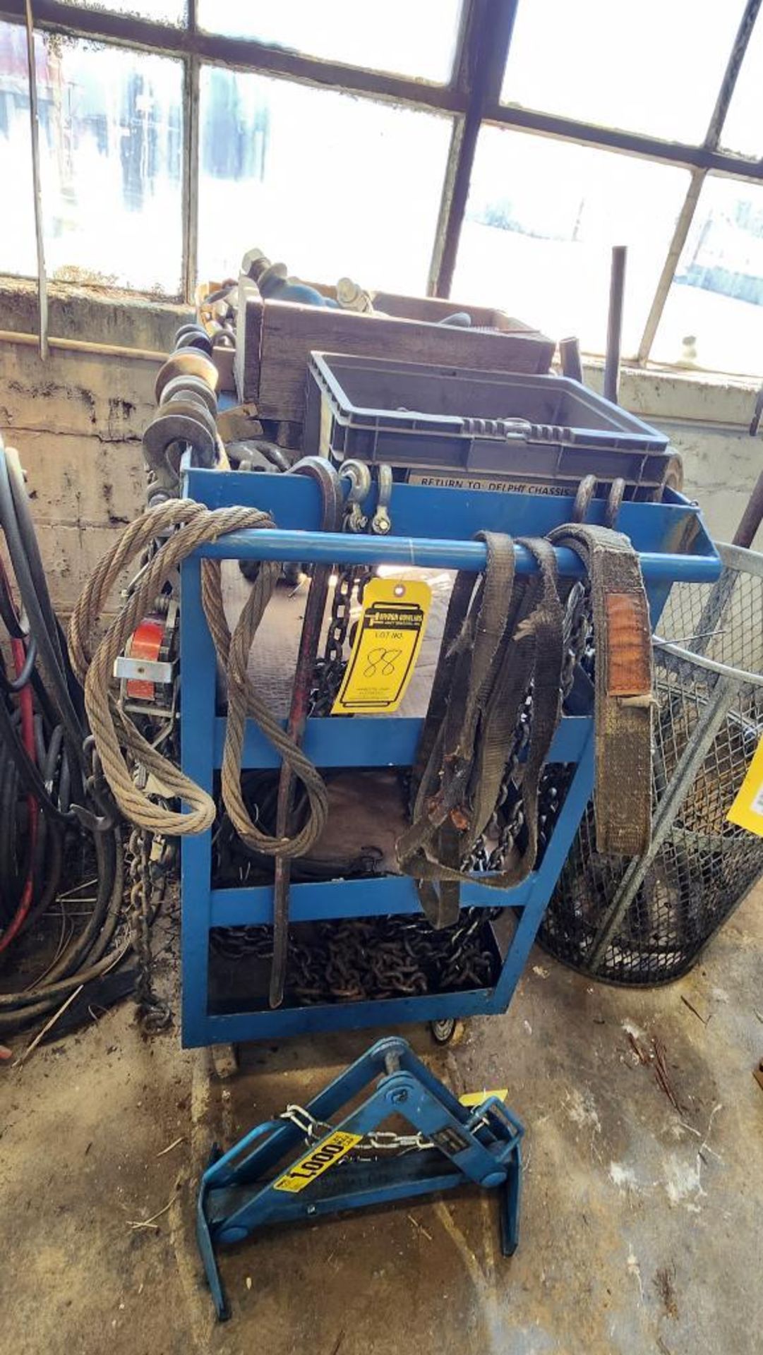 Steel Shop Cart w/ Content of Rigging Chains, Hooks, Eyebolts, Shackles, Rigging Harnesses
