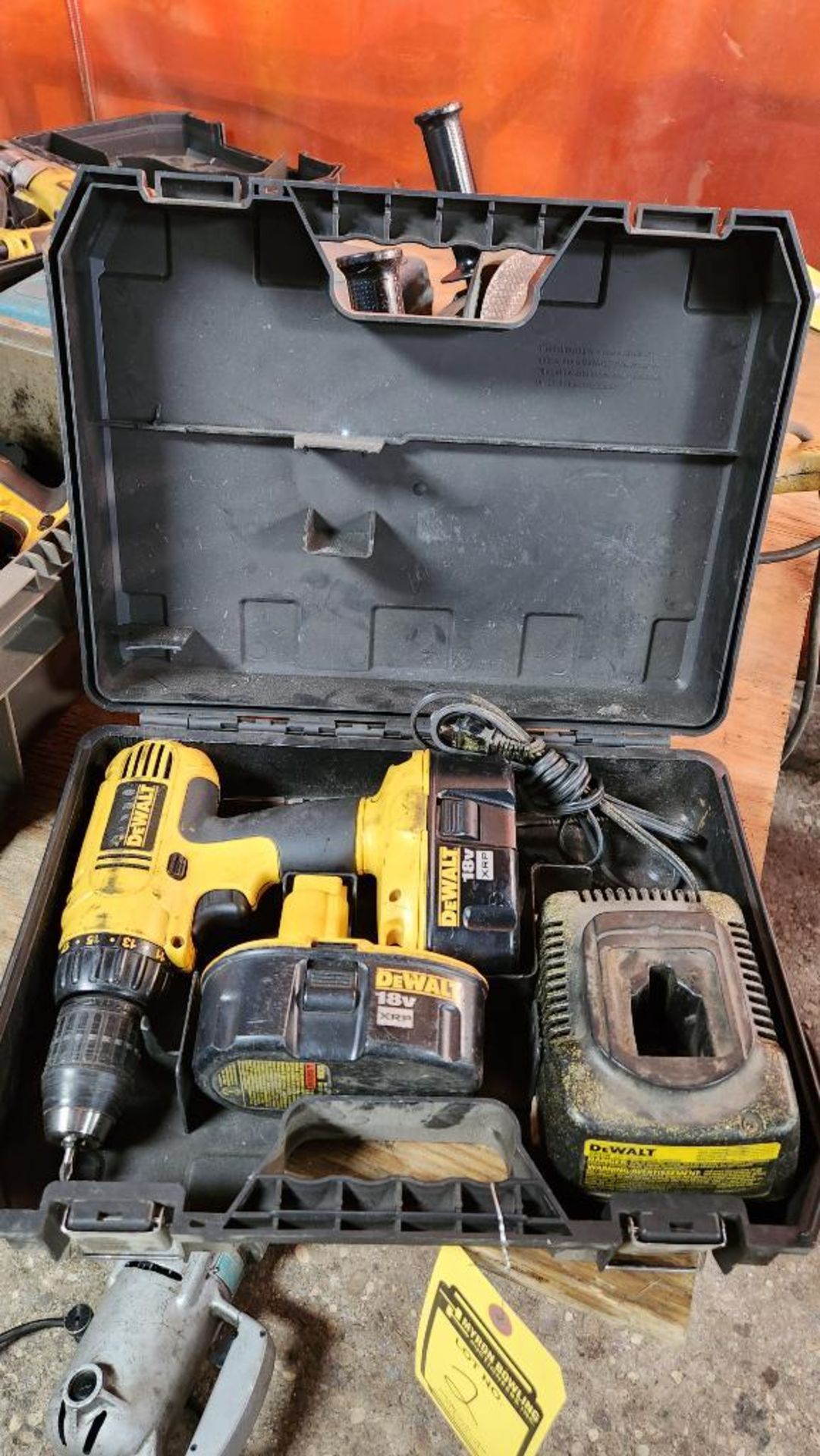 Dewalt 18V Cordless Drill, Model DC970, S/N 745796, w/ 2 Batteries, Charger, & Case