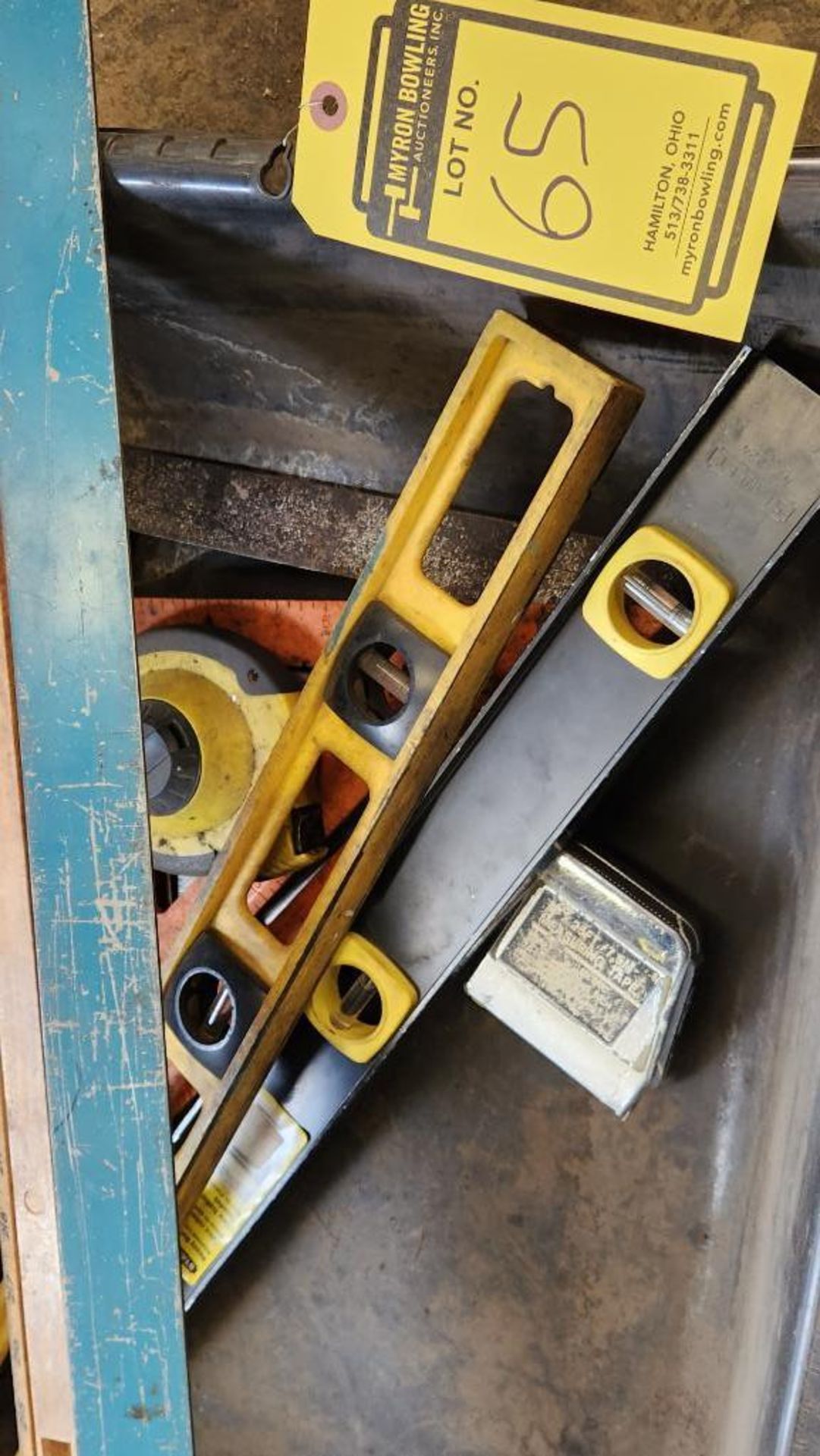 Bin of Assorted Measurement Tools, Tape Measures, Speed Squares, Framing Square, 24" Levels - Image 3 of 3