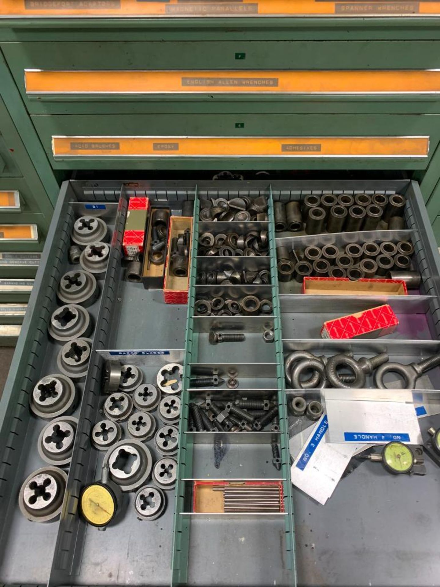 Vidmar 12-Drawer Cabinet w/ Tool Holders, Endmills, Dies, Allen Wrenches, Die Handles, Bronze, Files - Image 8 of 12