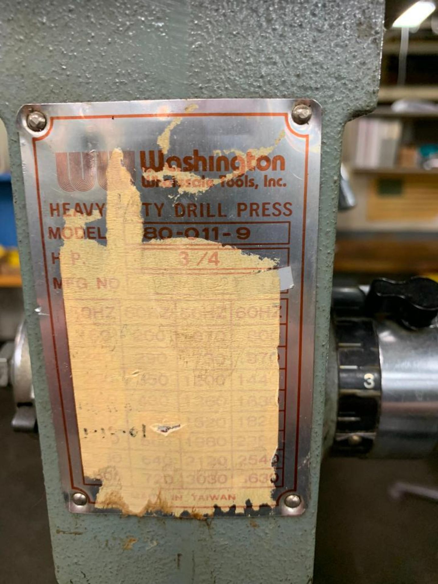 Washington Pedestal Drill Press, Model 80-011-9, 3/4-HP, 120 V - Image 3 of 3