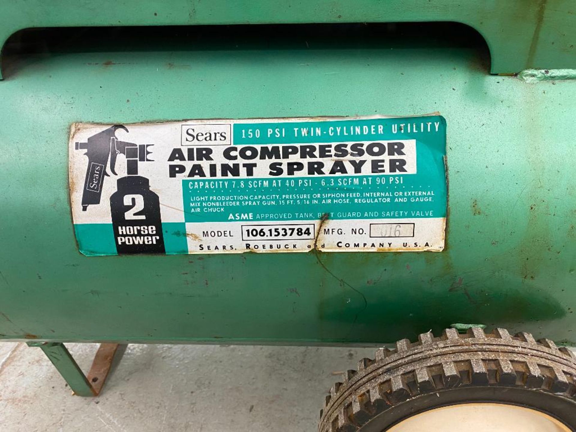 Sears 150 PSI Twin-Cylinder Air Compressor, 2 HP, Model 106.153784 - Image 3 of 3