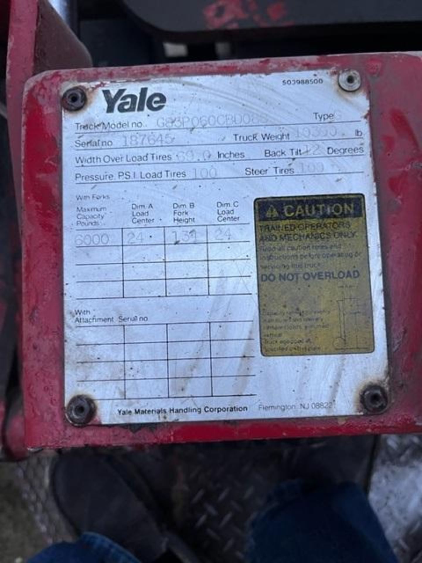 Yale 6,000 LB. Forklift, Model G83P060CBD088, S/N 187645, Type: G, 10,390 LB. Forklift Weight, 9,050 - Image 7 of 7