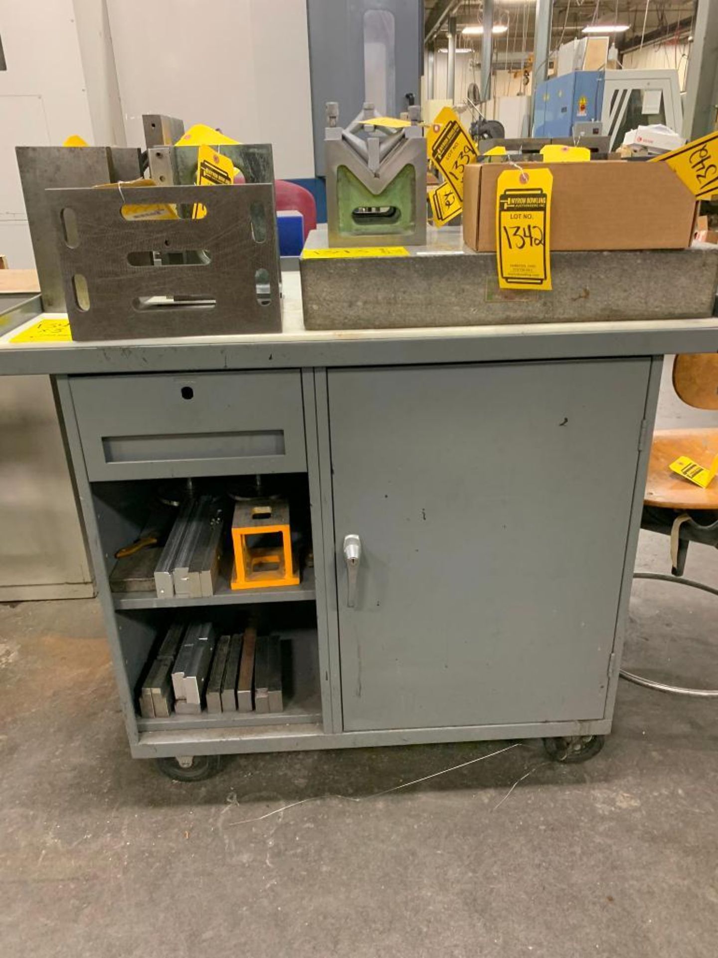 (2) Butcherblock Top Workbenches, (1) Cabinet on Casters w/ Content: Aluminum Fixtures, Vise Jaws, ( - Image 3 of 5