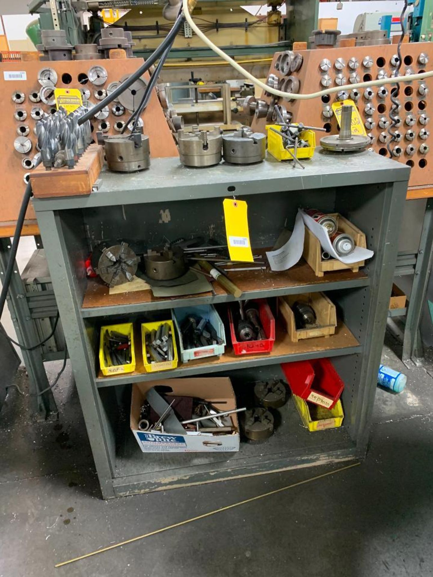 Shelf Unit w/ (7) Hardinge Chucks, Drill Chucks, Pie Chuck, Tooling