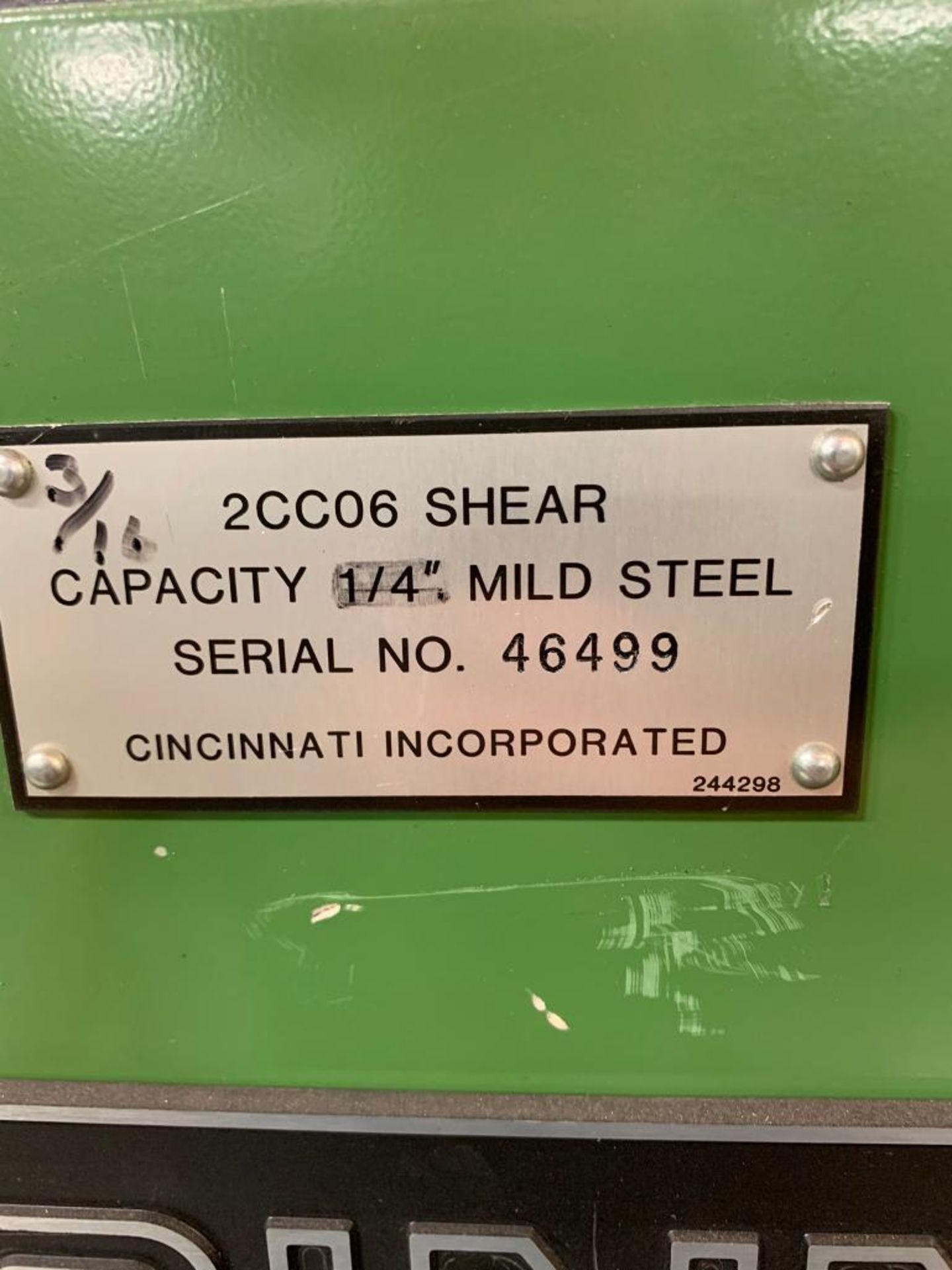 Cincinnati 2CC06 Shear, S/N 46499, 1/4" Mild Steel, 6' Capacity, Cincinnati Microcomputer Gage Contr - Image 5 of 5
