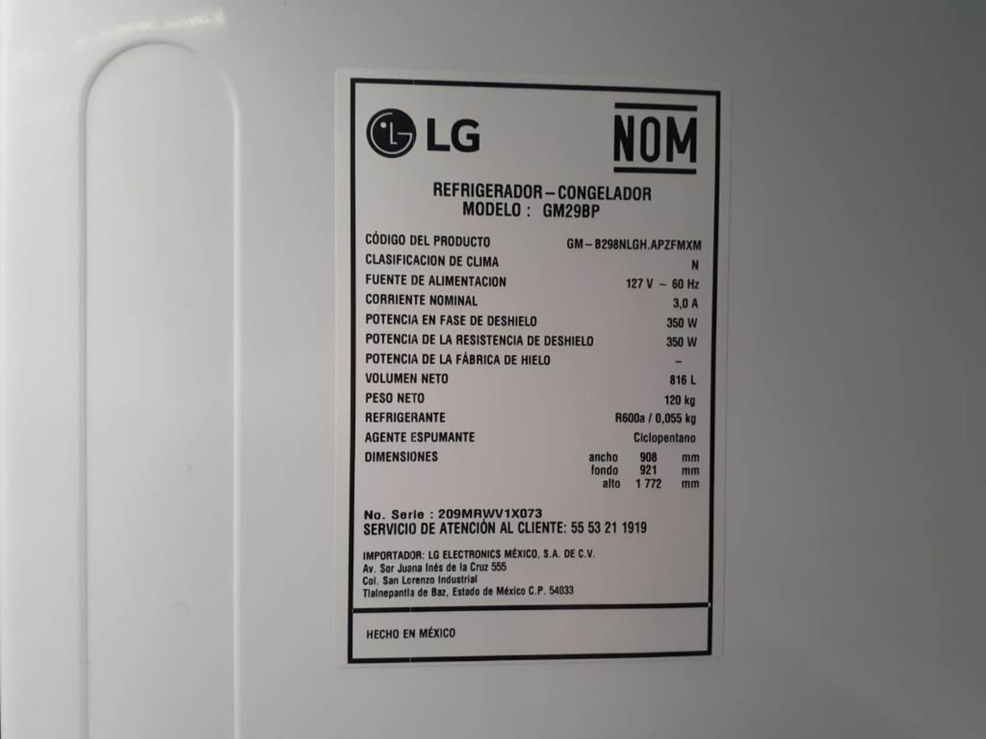 (Equipo nuevo) 1 Refrigerador Marca LG, Modelo GM29BP, Serie V1X073, Color GRIS;(Nuevo, excelente e - Image 5 of 6