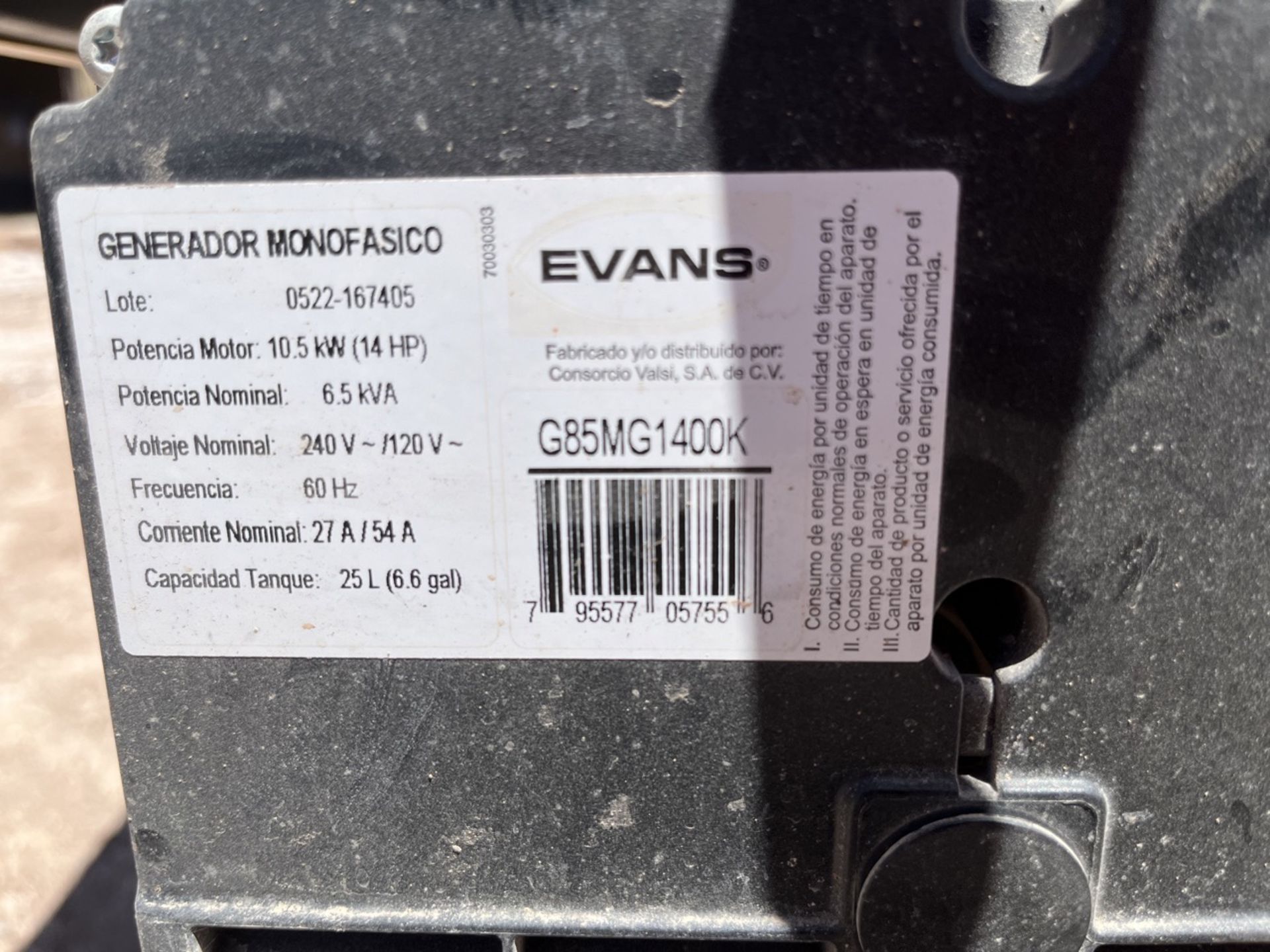 Evans Generator, Model ND, Series 0522-167405, Engine Power 14hp, Capacity 6.5 kVA, 120/240V, 60HZ. - Image 11 of 12