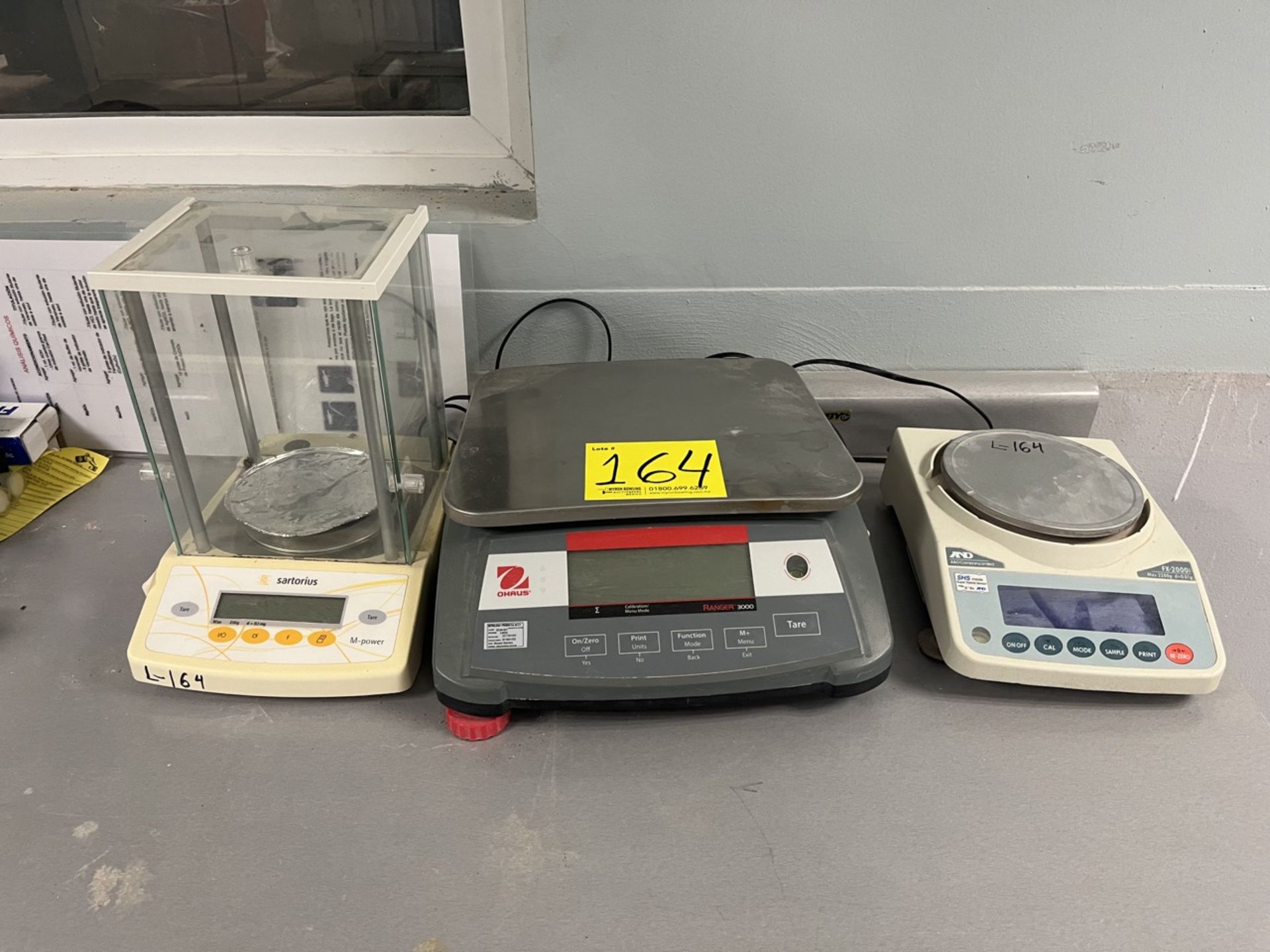 Set of 3 precision laboratory scales includes: Sartorius Scales, Model M-power; Ohaus Scales, Model