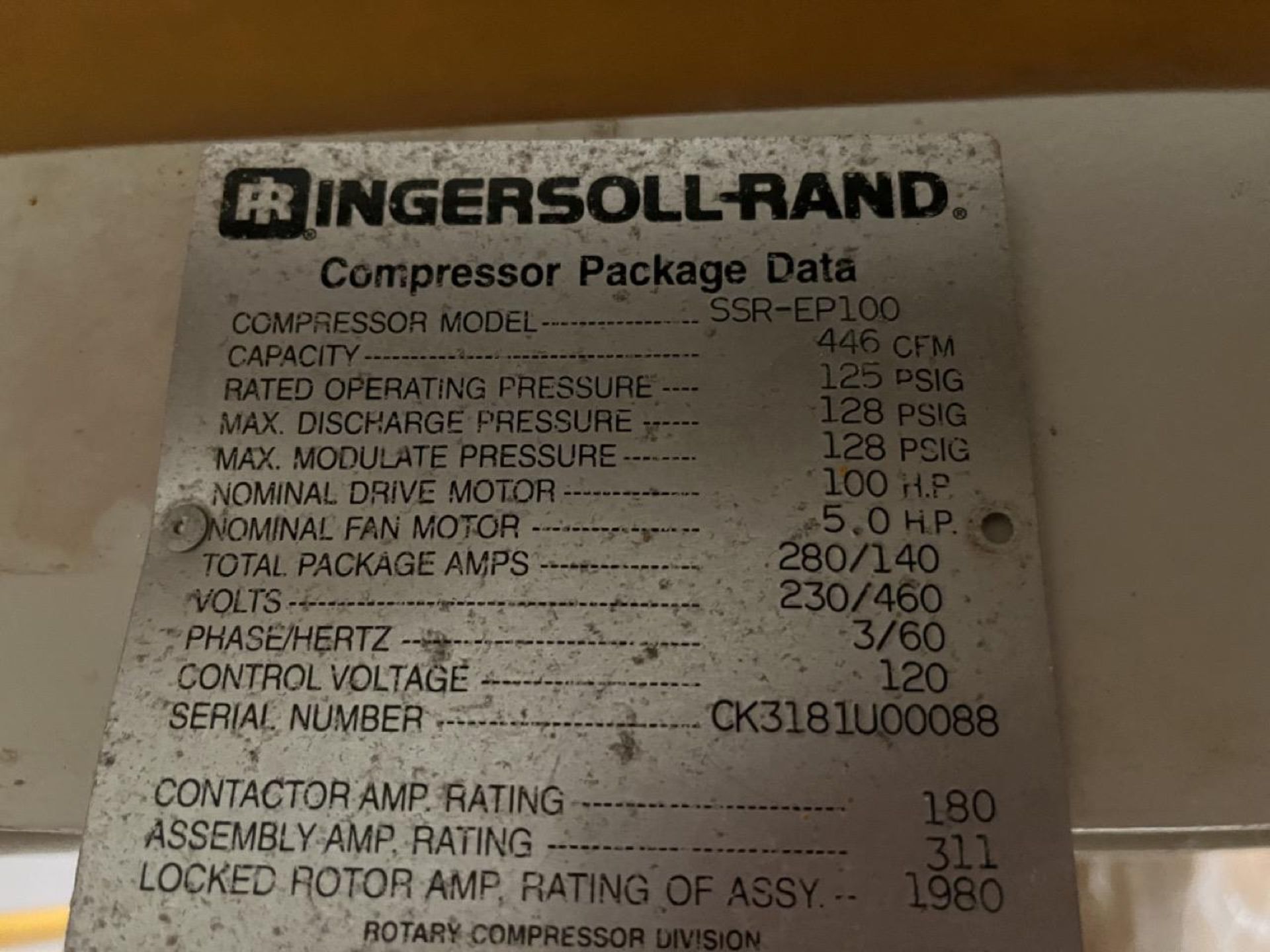 Ingersoll Rand High Pressure Compressor, Model SSR-EP100; Series CK3181U00088; 100 hp, 230/460V, 60 - Image 11 of 13