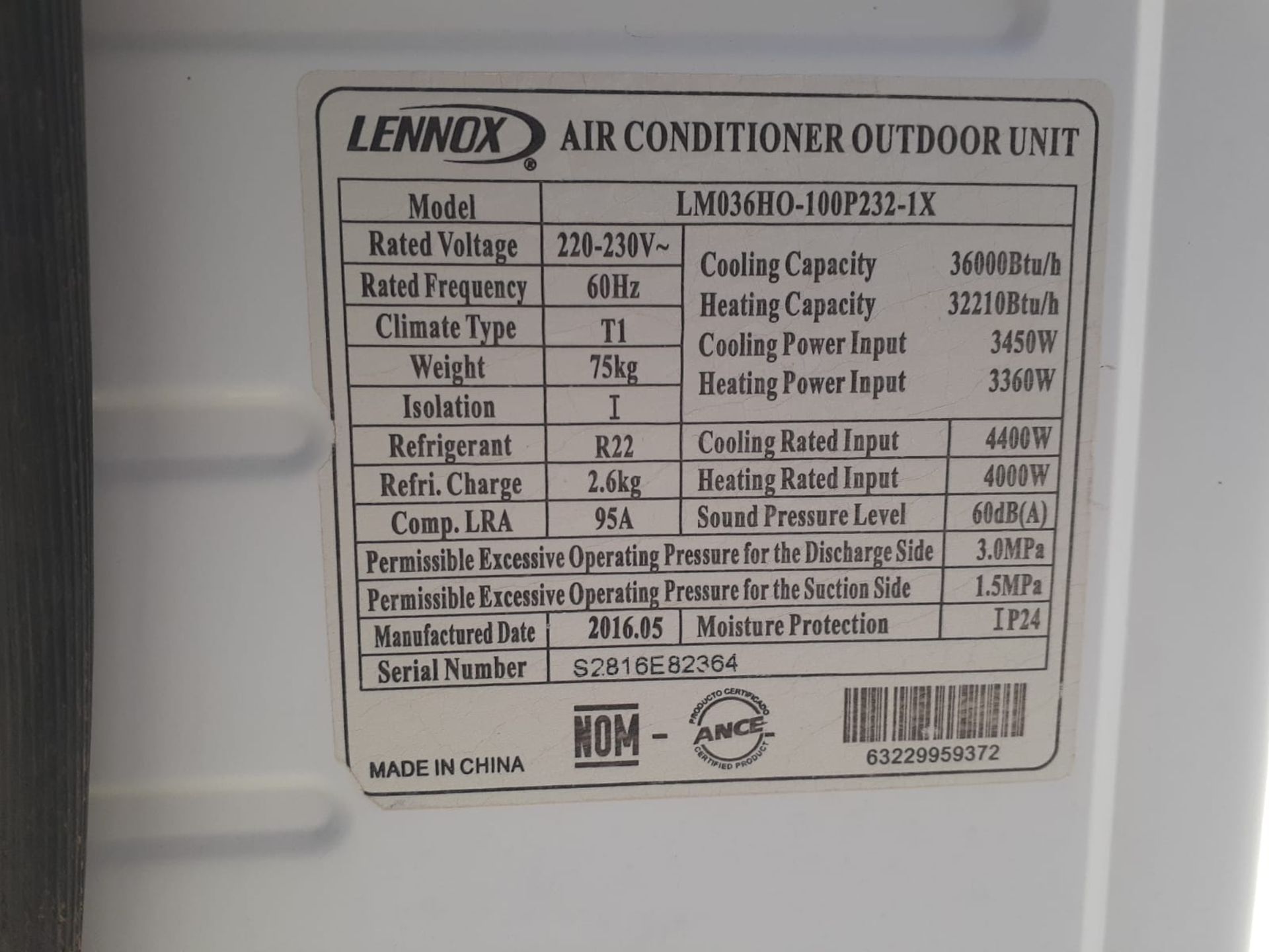 Lennox Minisplit air conditioner, Model LM036HI-100P232-1X, Series S2817C28083, 230 Volts, 60 Hz; I - Image 6 of 13