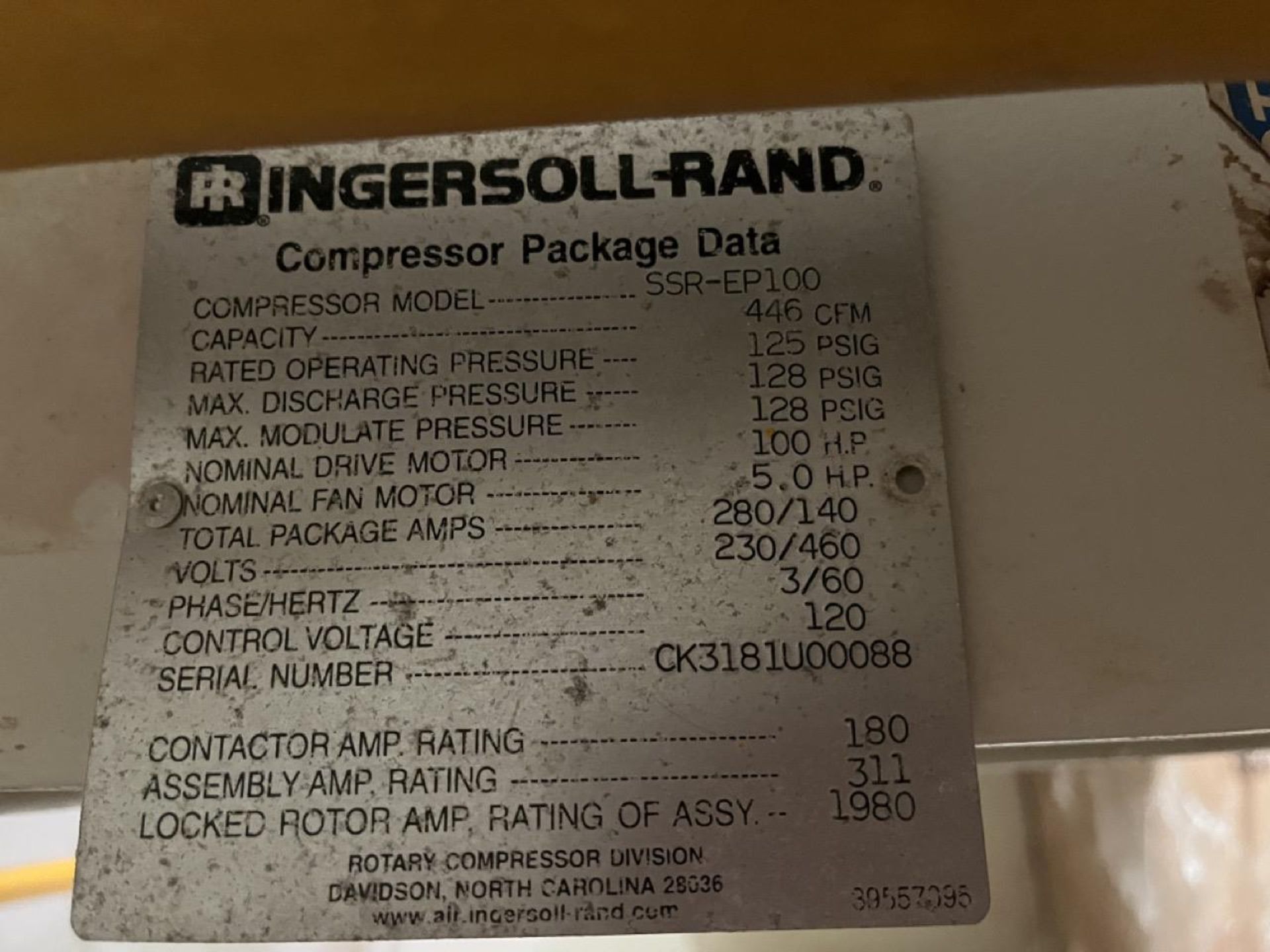 Ingersoll Rand High Pressure Compressor, Model SSR-EP100; Series CK3181U00088; 100 hp, 230/460V, 60 - Image 12 of 13
