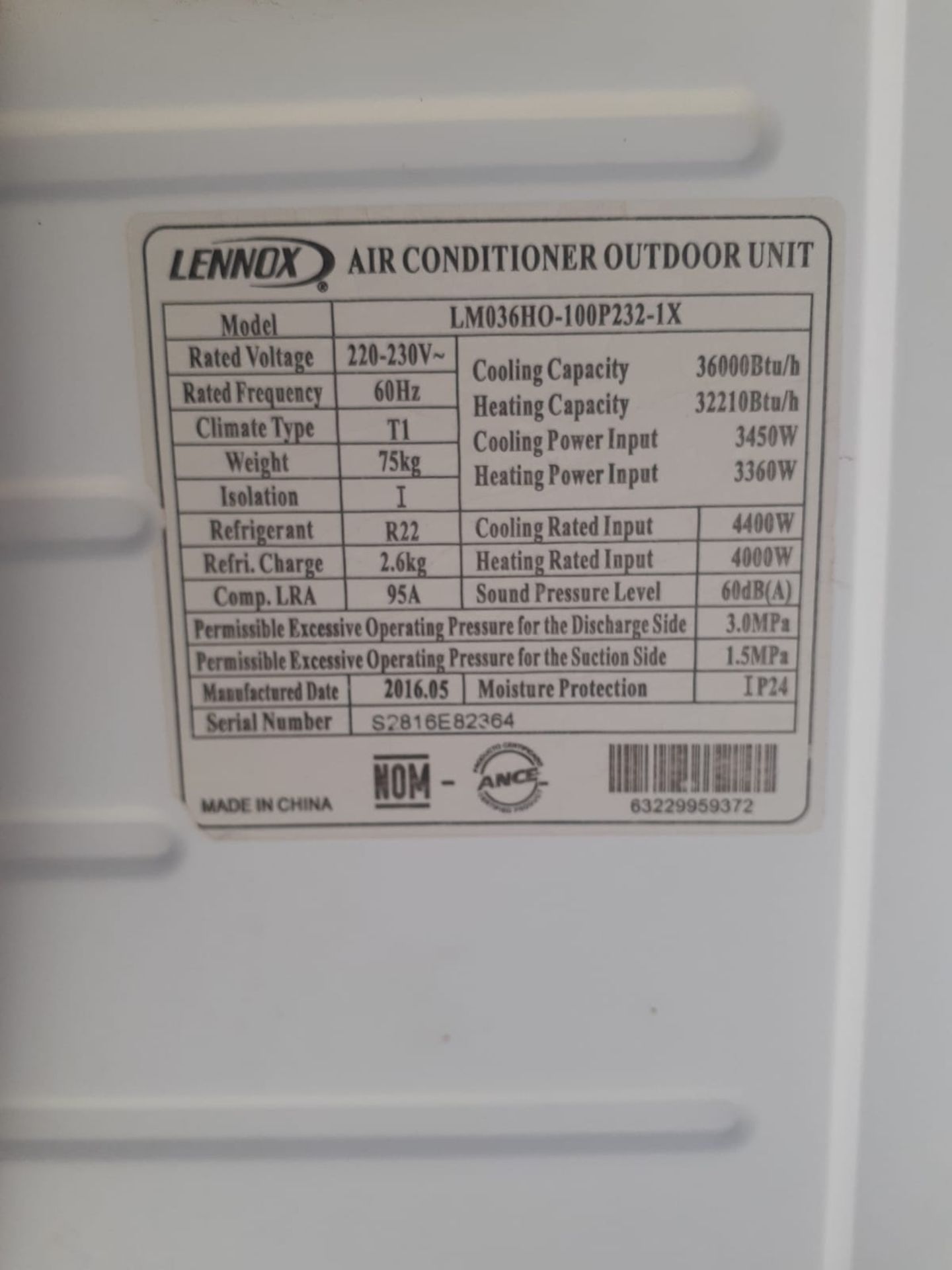 Lennox Minisplit air conditioner, Model LM036HI-100P232-1X, Series S2817C28083, 230 Volts, 60 Hz; I - Bild 5 aus 13