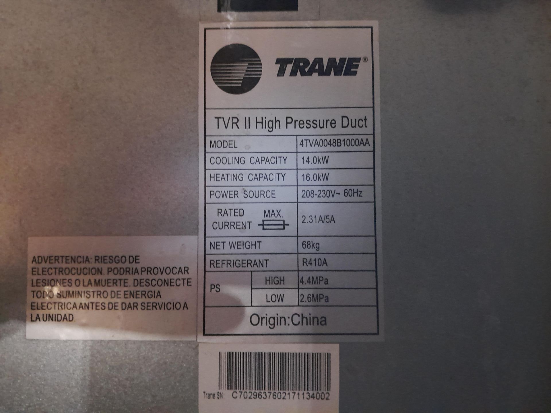 Lote de 2 condensadores, Modelo 4TVA0048B1000AA; 2 aires acondicionados, Marca TRANE, Modelo 4VTC00 - Image 5 of 6