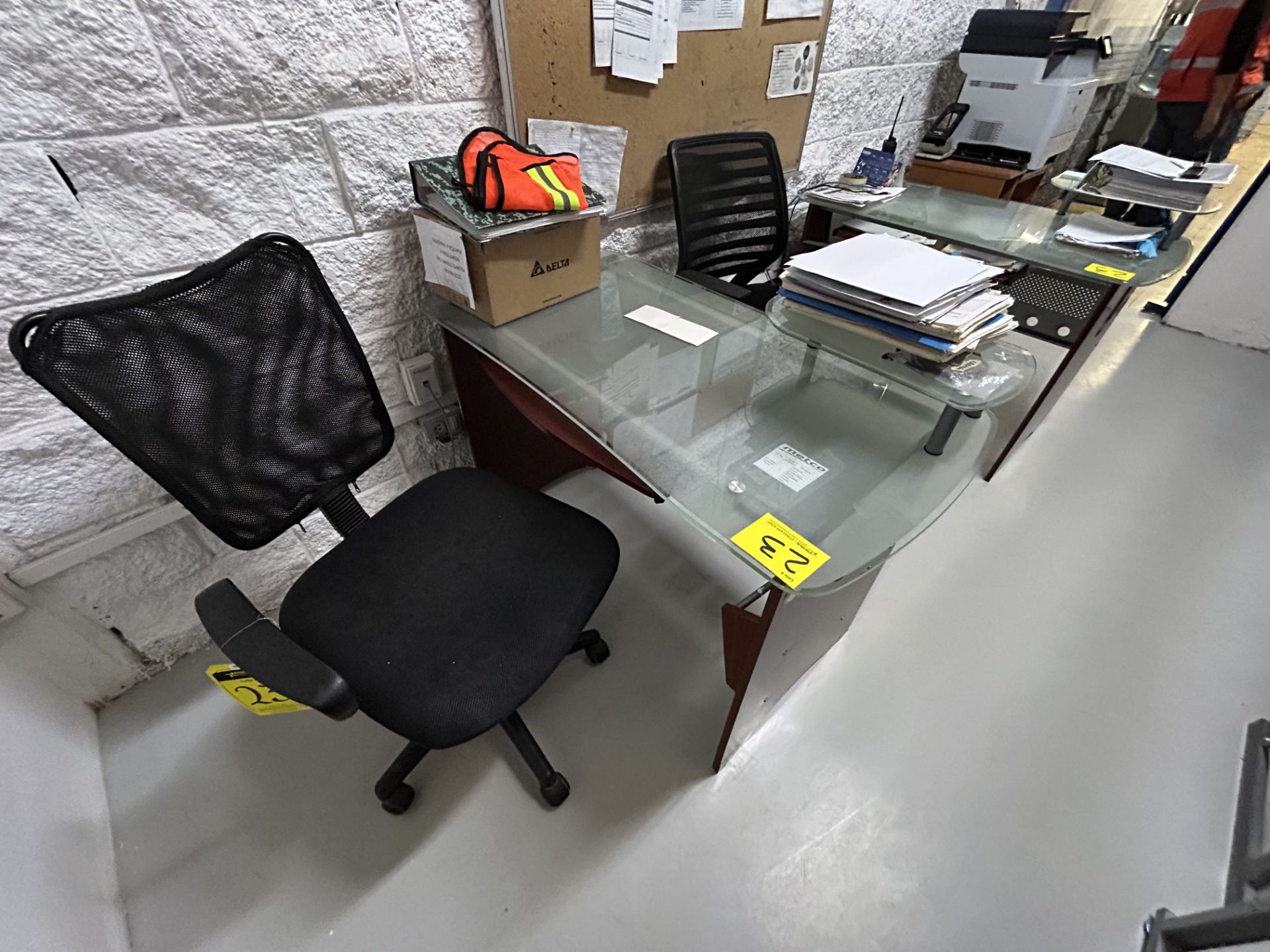 Lot of office furniture includes: 4 Wooden desk with glass top measures approximately 1.5 x 0.57 x