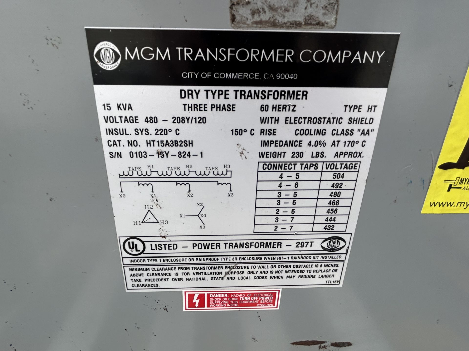 MGM TRANSFORMER COMPANY Transformer, dry type; Serial number: 0103-15Y-824-1; Capacity: 15kVA; Volt - Image 3 of 4