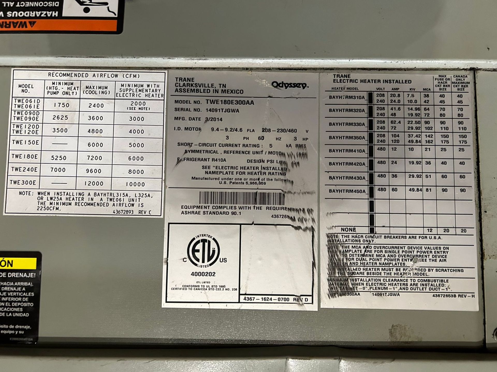 1 Sistema de Aire Acondicionado Marca TRANE, Modelo TWE180E300AA, Serie 14091TJGWA, Año 2014, 208-2 - Bild 4 aus 5