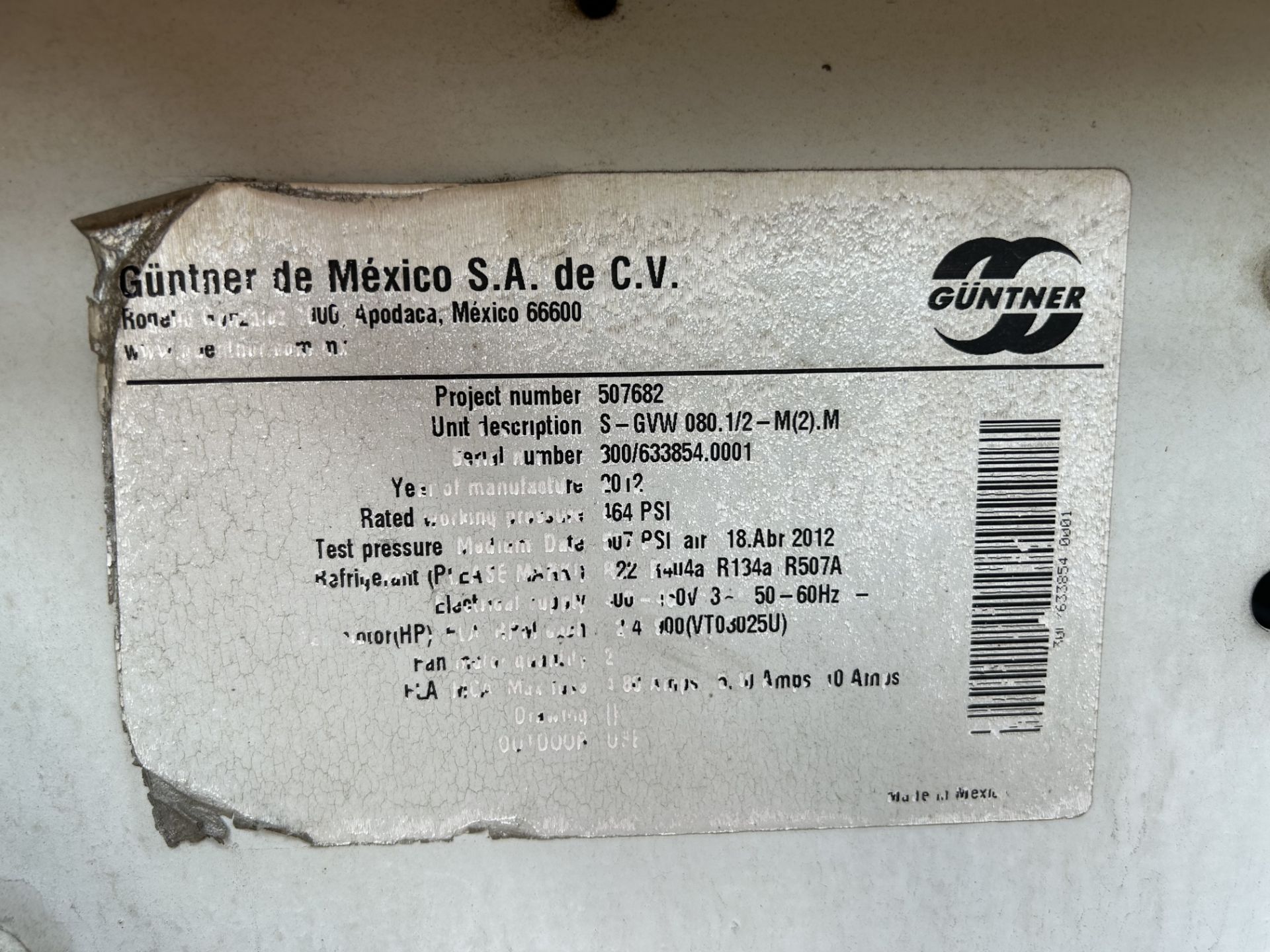 (Pago y remoción urgente) Unidad condensadora de 2 ventiladores Marca GÜNTER, Modelo 507682, No de - Image 7 of 8