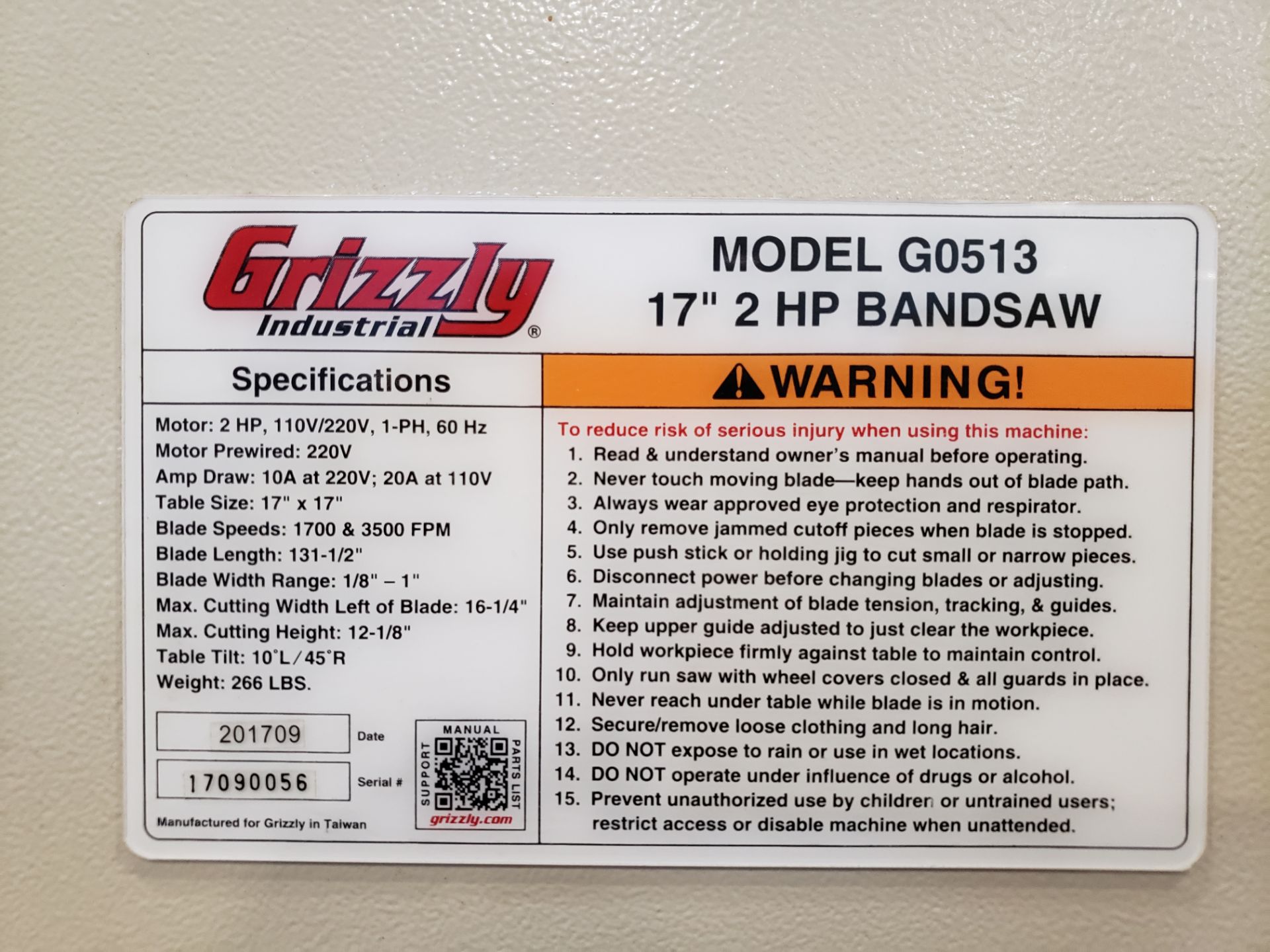 Grizzly Bandsaw, M# G0513, S/N 17090056 | Rig Fee $150 - Image 2 of 2