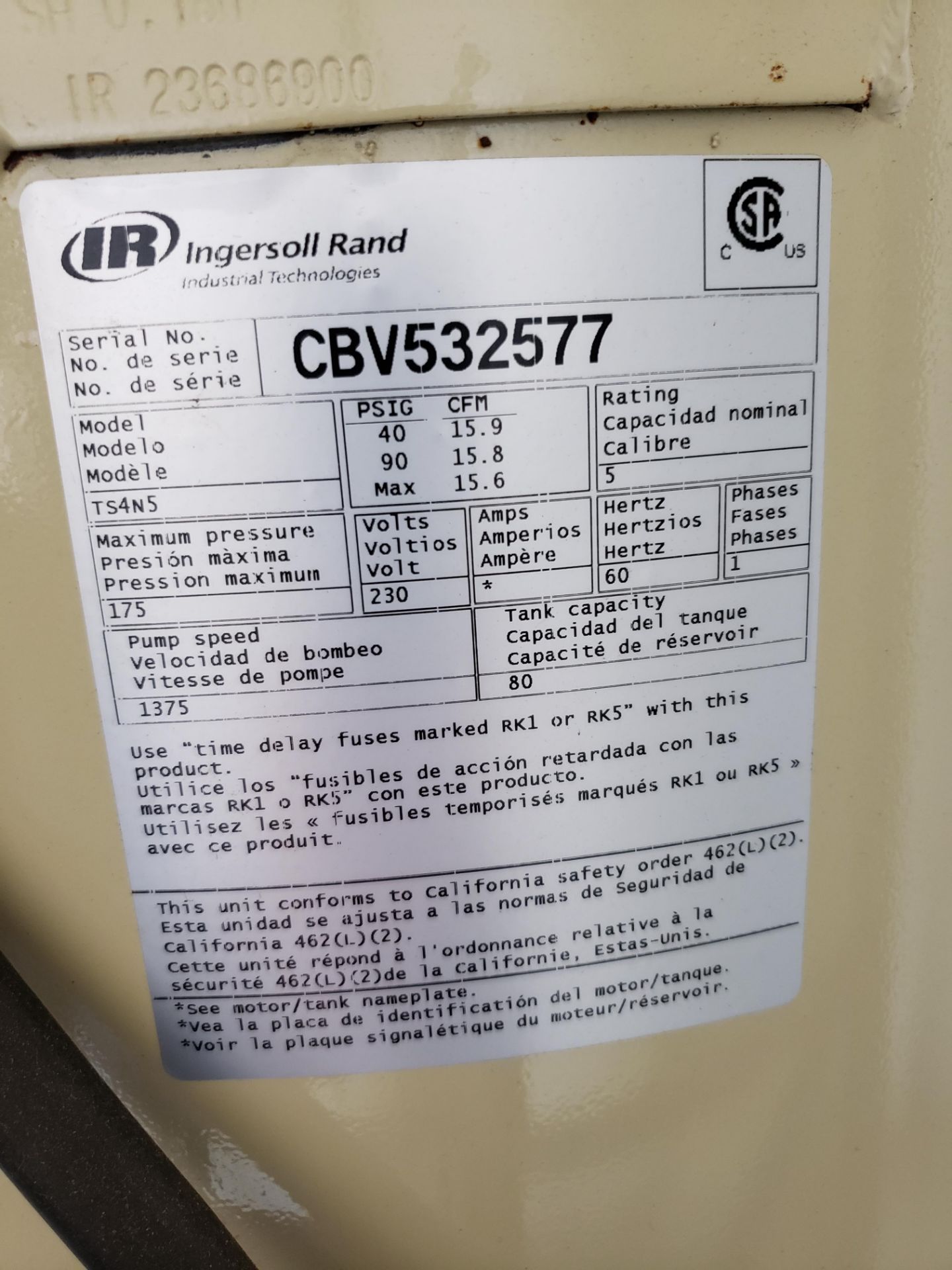 Ingersoll Rand 5 HP Air Compressor, M# 23378805, S/N CBV532577 | Rig Fee $125 - Image 3 of 3