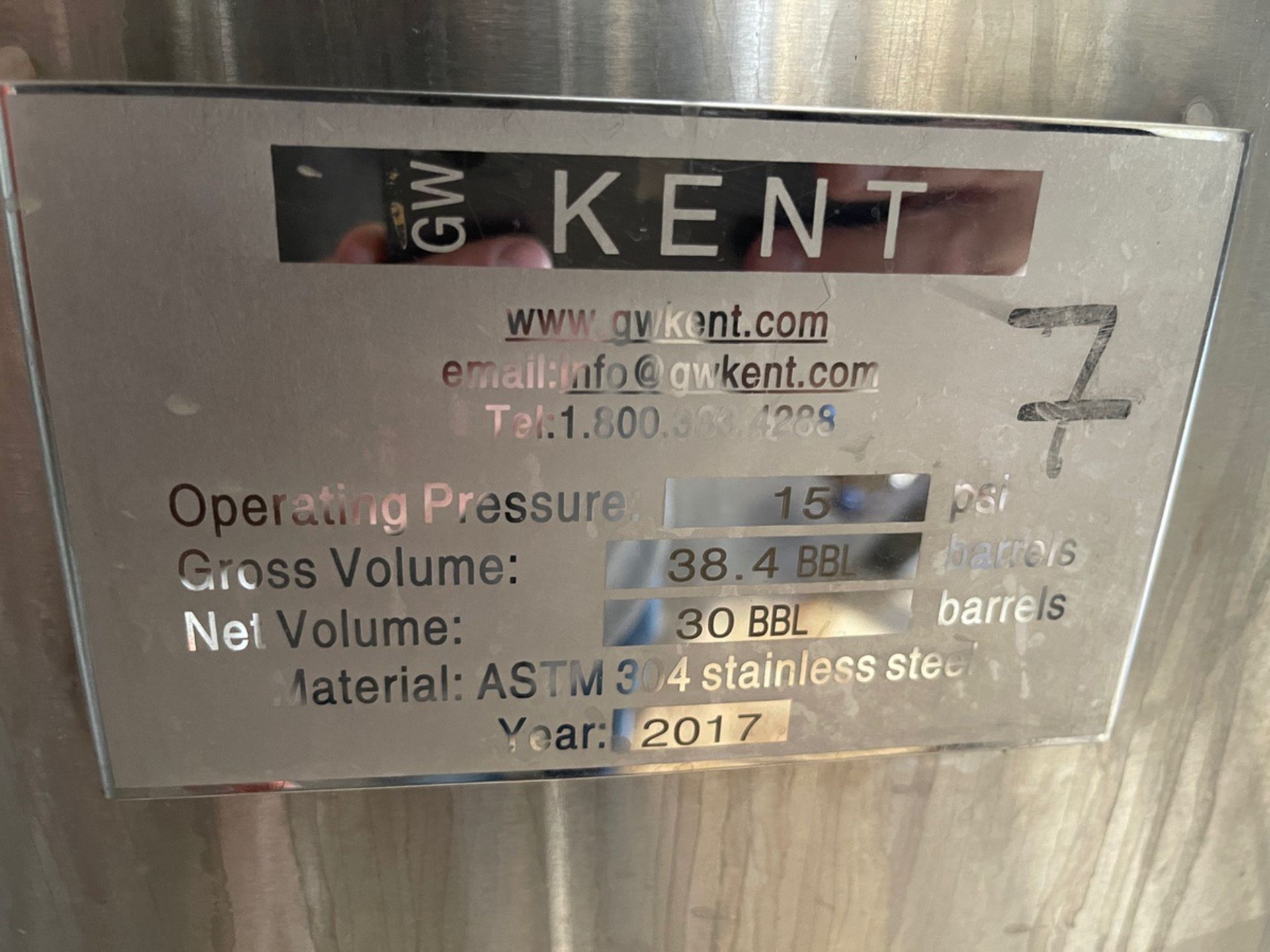 2017 30 BBL G.W. Kent Stainless Steel Fermentation Tank (Approx: 6' x 12') | Rig Fee $1000 - Image 5 of 5