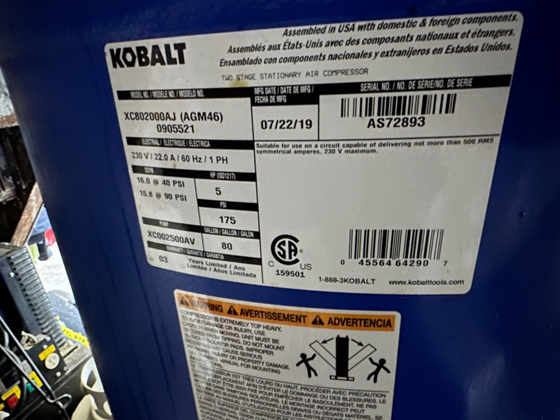 Kobalt 80 Gallon 5 HP Air Compressor | Rig Fee $35 - Image 2 of 3