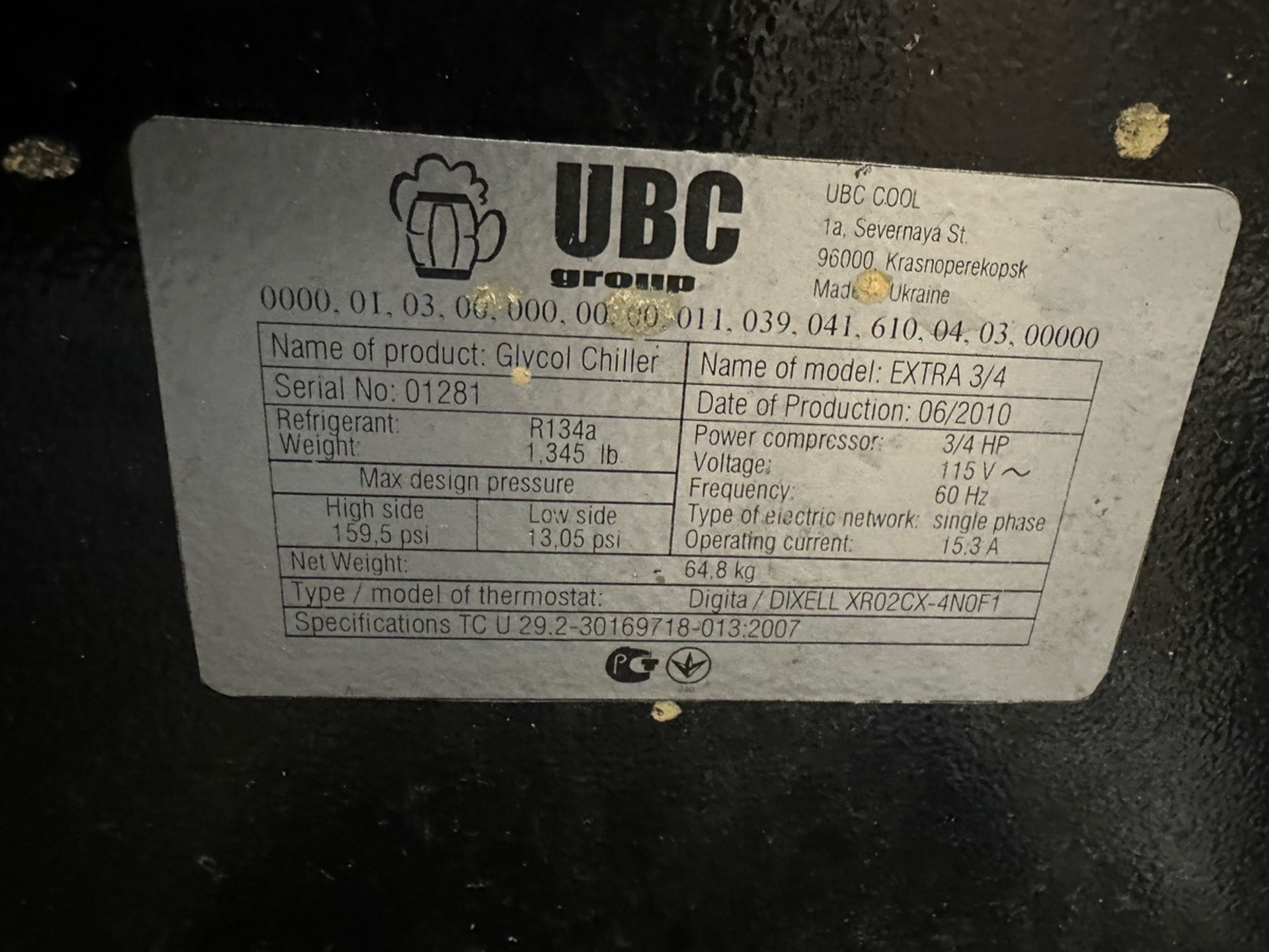 UBC Electric Glycol Chilling Unit, Model EXTRA 3/4 HP | Rig Fee $75 - Image 3 of 3