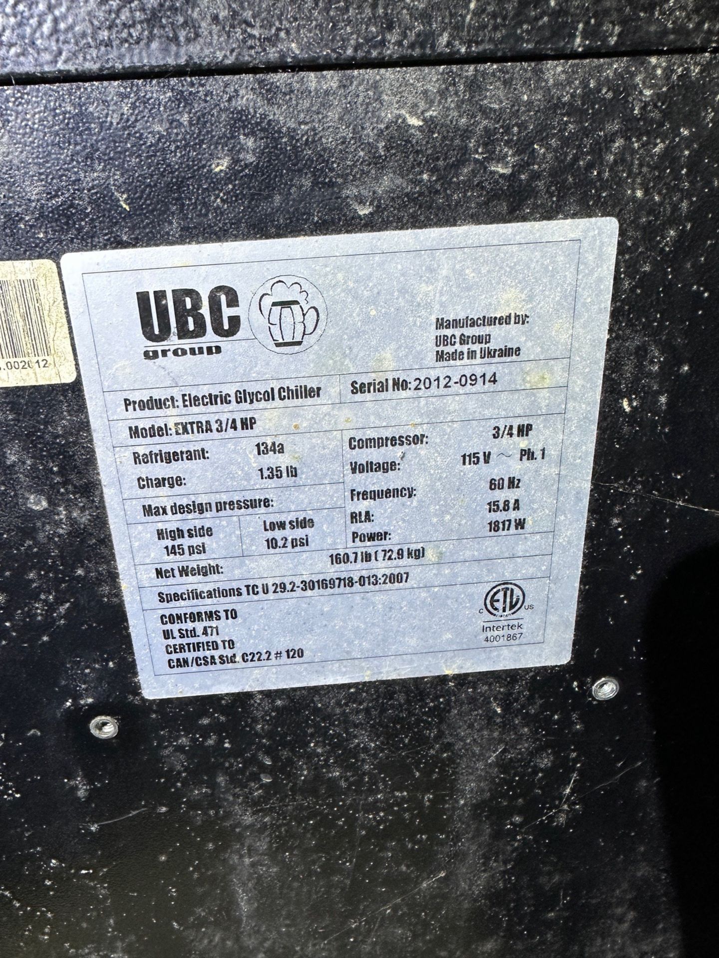 UBC Electric Glycol Chilling Unit, Model EXTRA 3/4 HP | Rig Fee $75 - Image 2 of 2