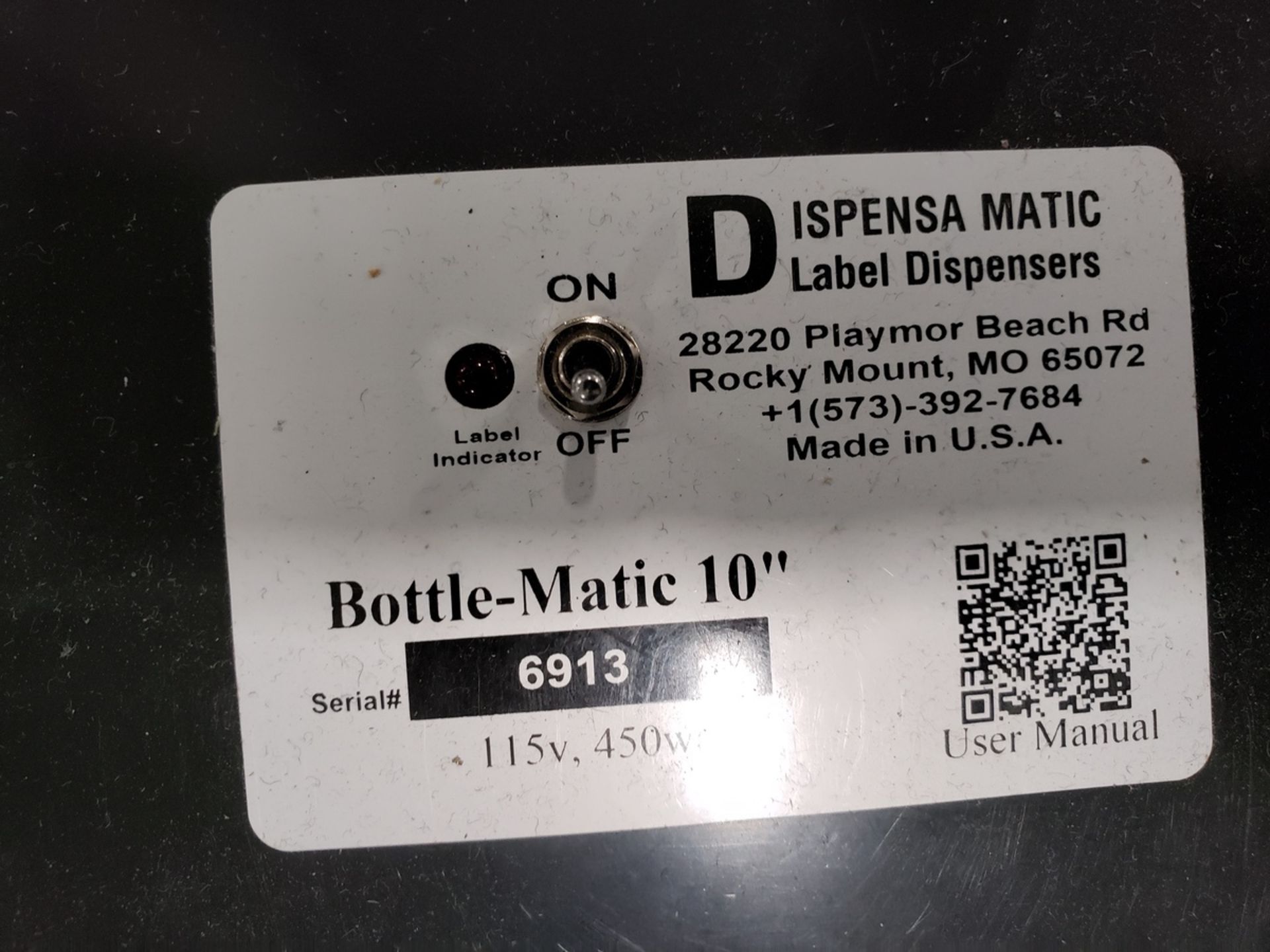 Dispensa Matic Label Dispenser, M# Bottle Matic 10", S/N 6913 | Rig Fee $50 - Image 2 of 2