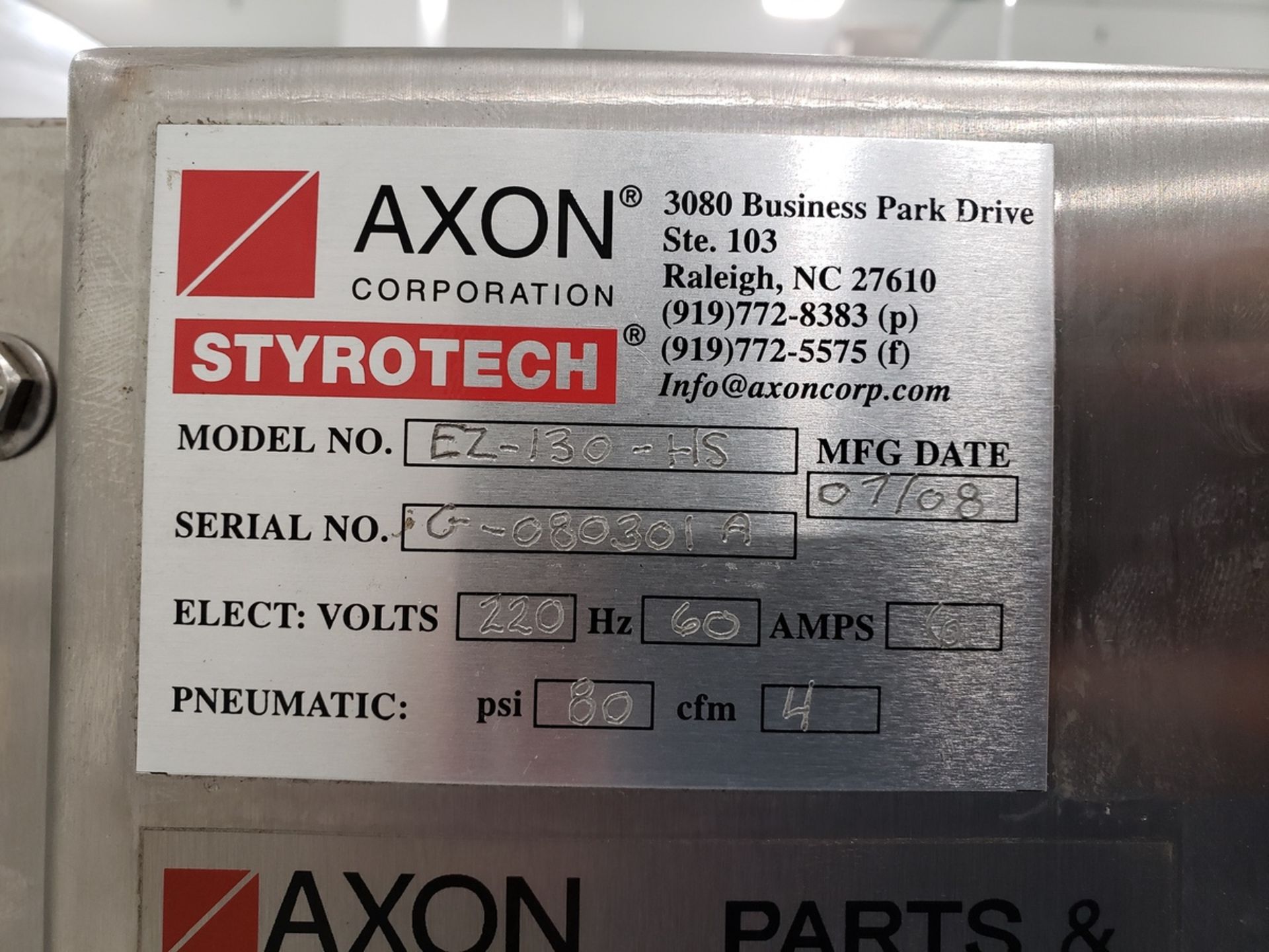 Axon Styrotech Automatic Sleever/Neck Bander, M# EZ-130-HS, S/N G-080301A | Rig Fee $300 - Image 2 of 4