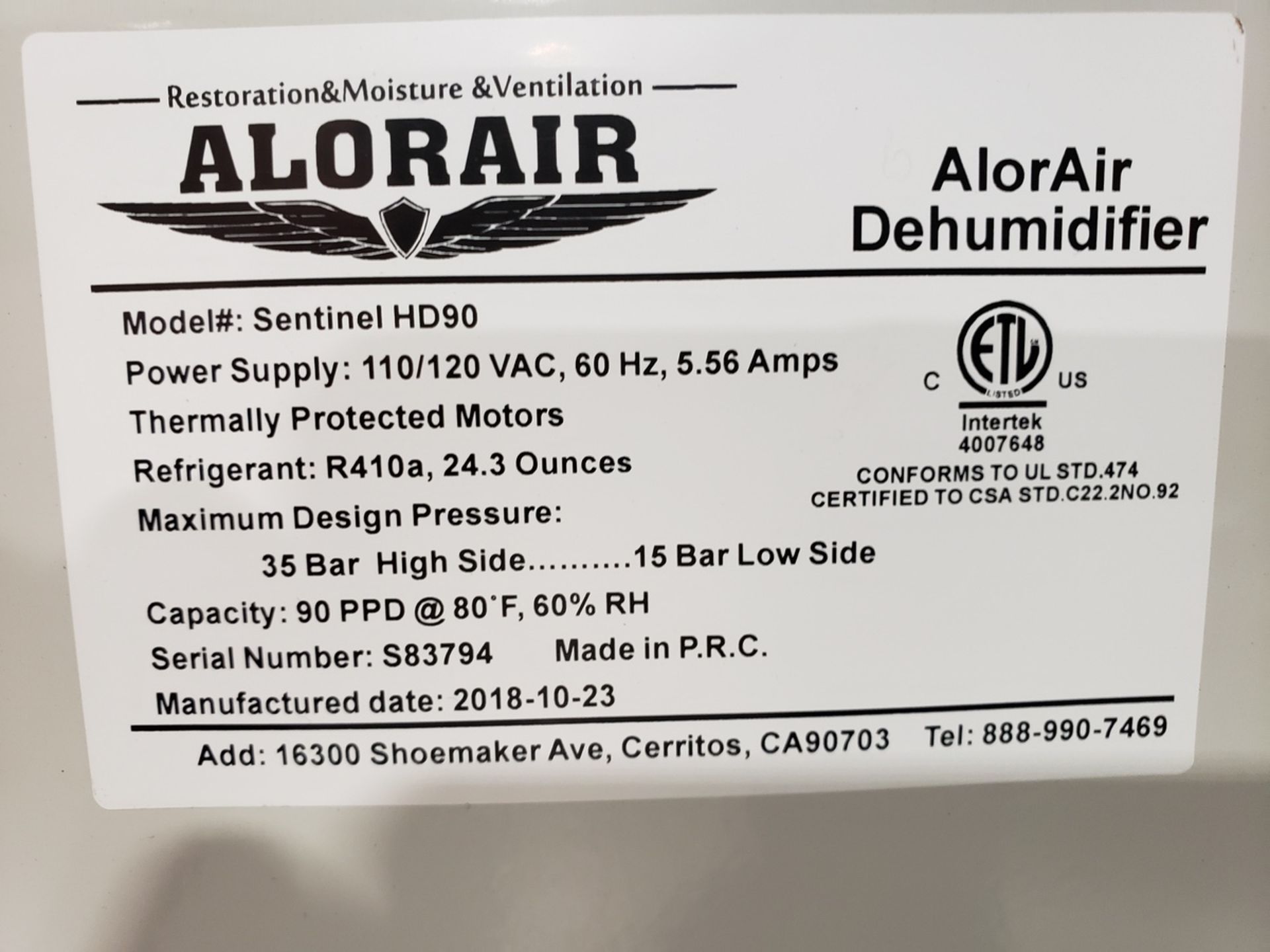 AlorAir Portable Dehumidifier, M# Sentinel HD90 | Rig Fee $35 - Image 2 of 2