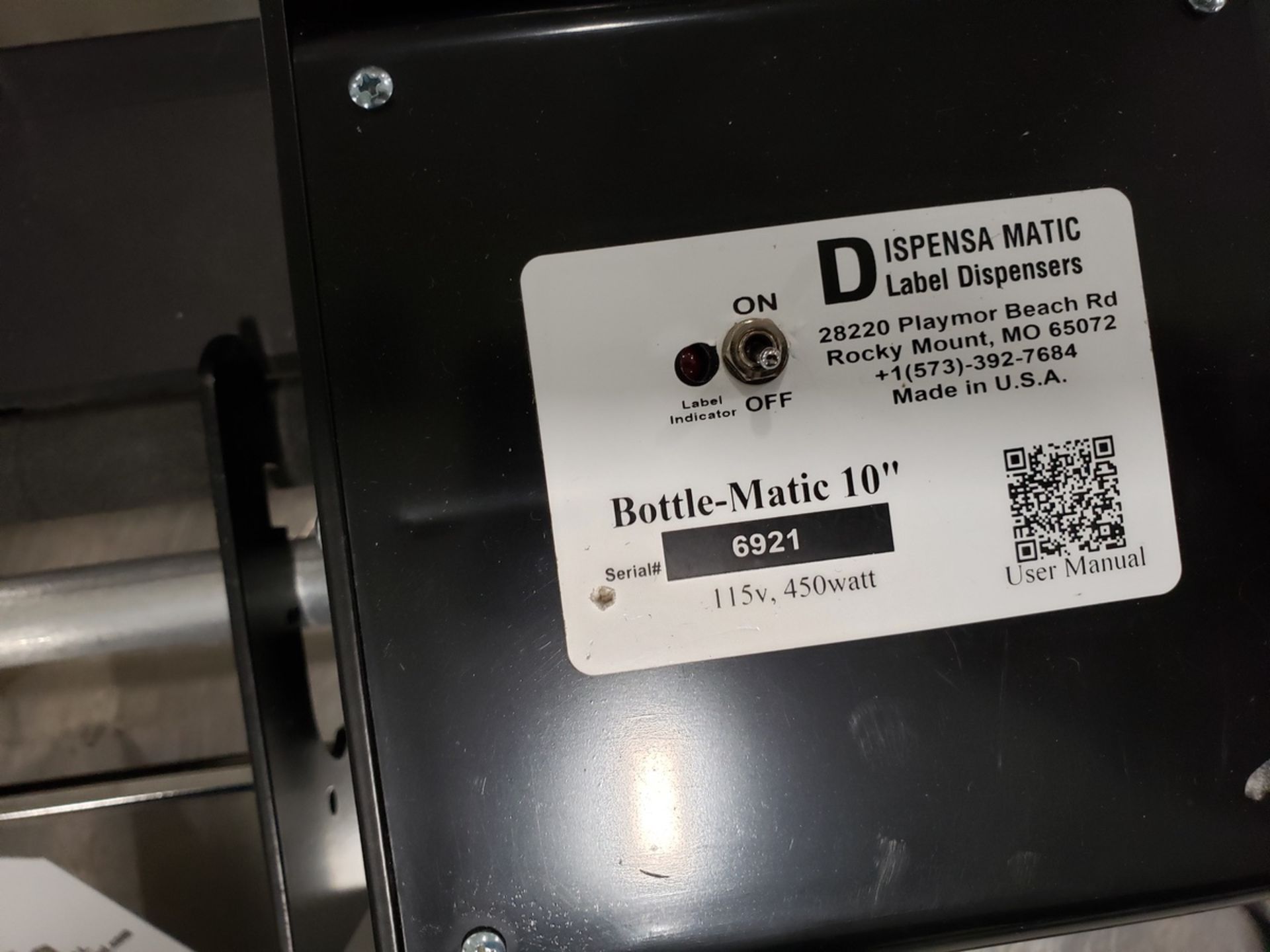 Dispensa Matic Label Dispenser, M# Bottle Matic 10", S/N 6921 | Rig Fee $50 - Image 2 of 2