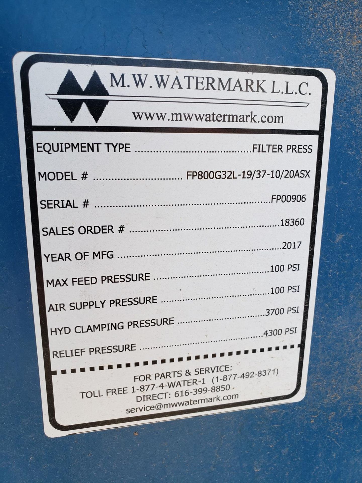 M.W. Watermark Filter Press, M# FP800G32L-19/37-10/20ASX, S/N FP00906, W/ (41) Filt | Rig Fee $350 - Image 2 of 5