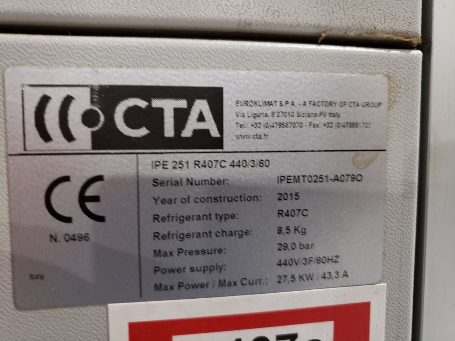 CTA Water Chiller, M# IPE 251 R407C 440/3/60, S/N IPEMT0251-AC790 | Rig Fee $350 - Image 2 of 2