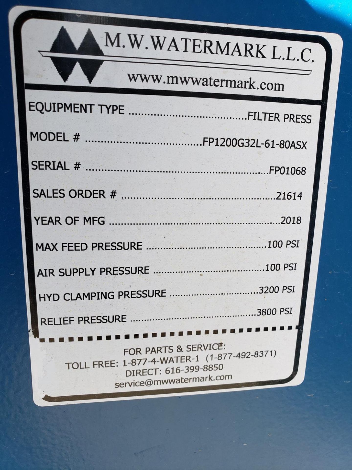 M.W. Watermark Filter Press, M# FP1200G32L-61-80ASK, S/N FP01068, W/ (60) Filter Mo | Rig Fee $500 - Image 2 of 10