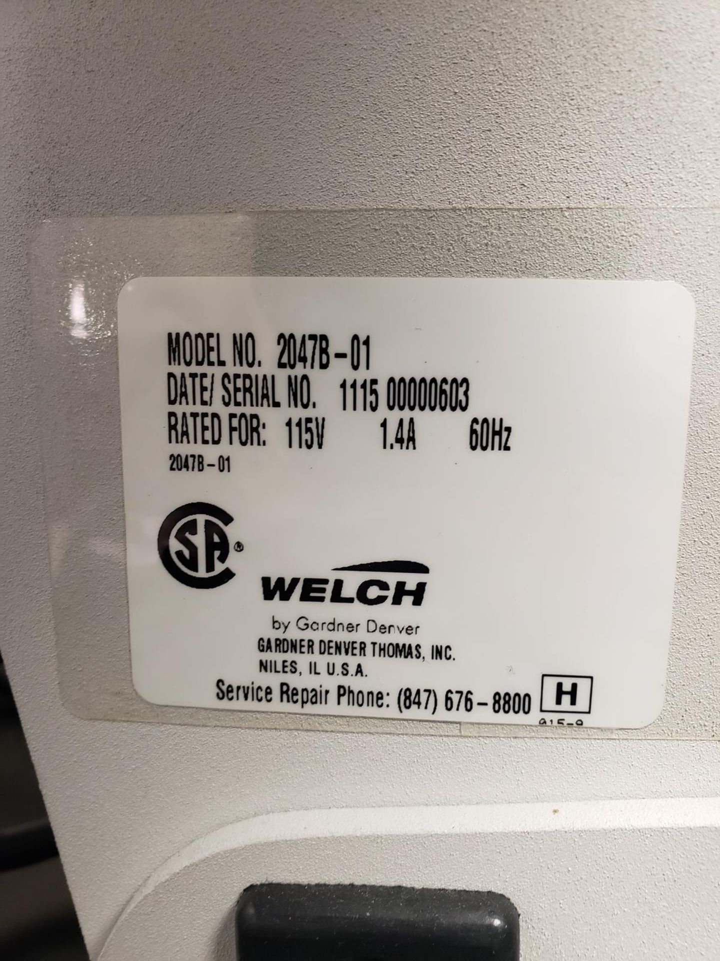 Welch Vacuum Pump, M# 2047B-01, S/N 1115 00000603 - Image 2 of 2