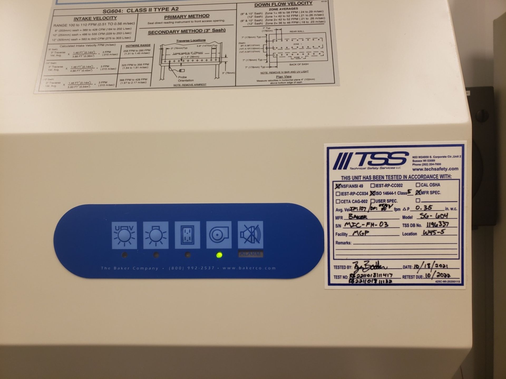 Baker SterilGARD Biosafety Cabinet, M# SG604, S/N 123383 - Image 3 of 3
