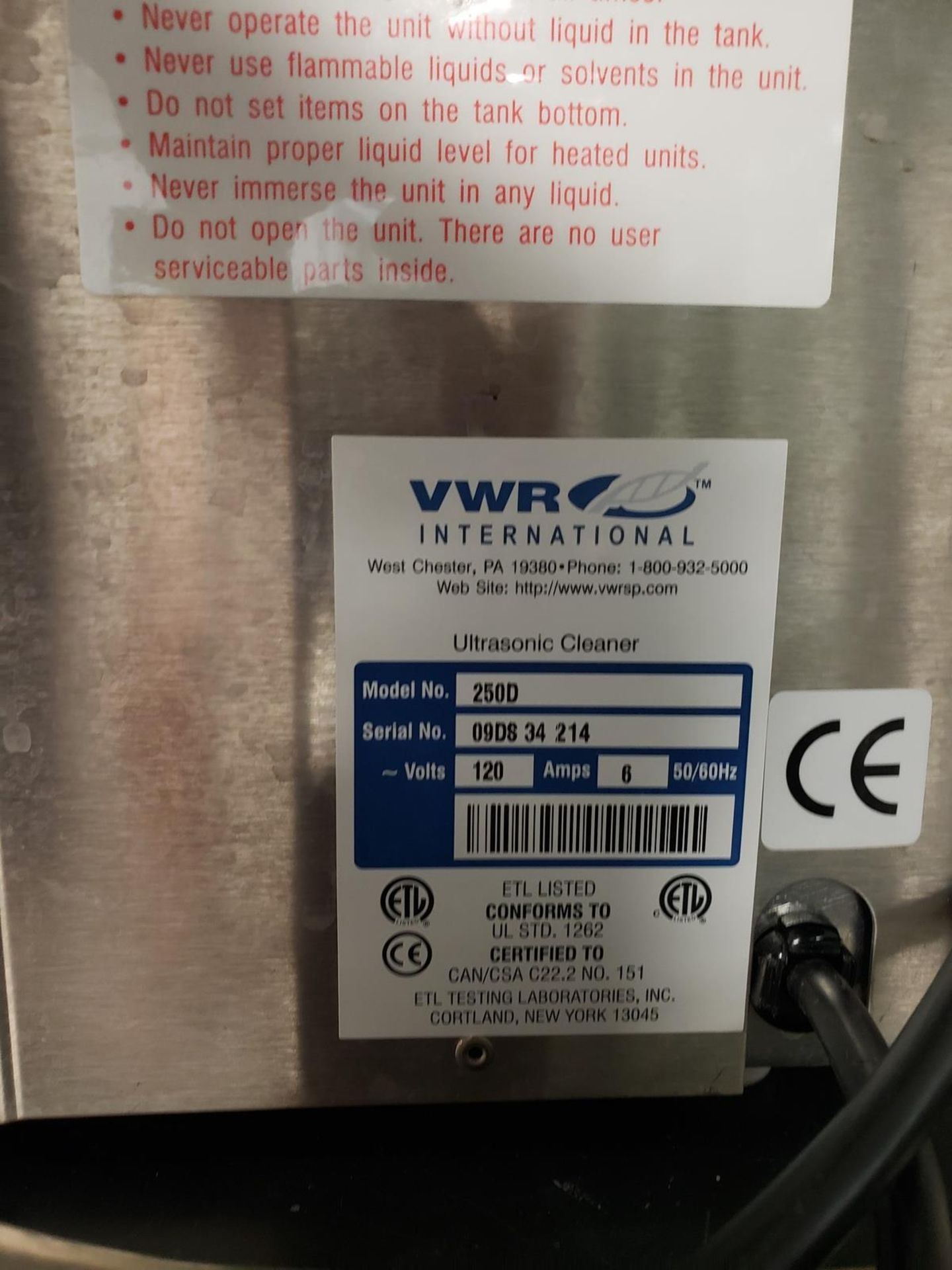 VWR Ultrasonic Cleaner, M# 250D, S/N 09DS 34 214 - Image 2 of 2