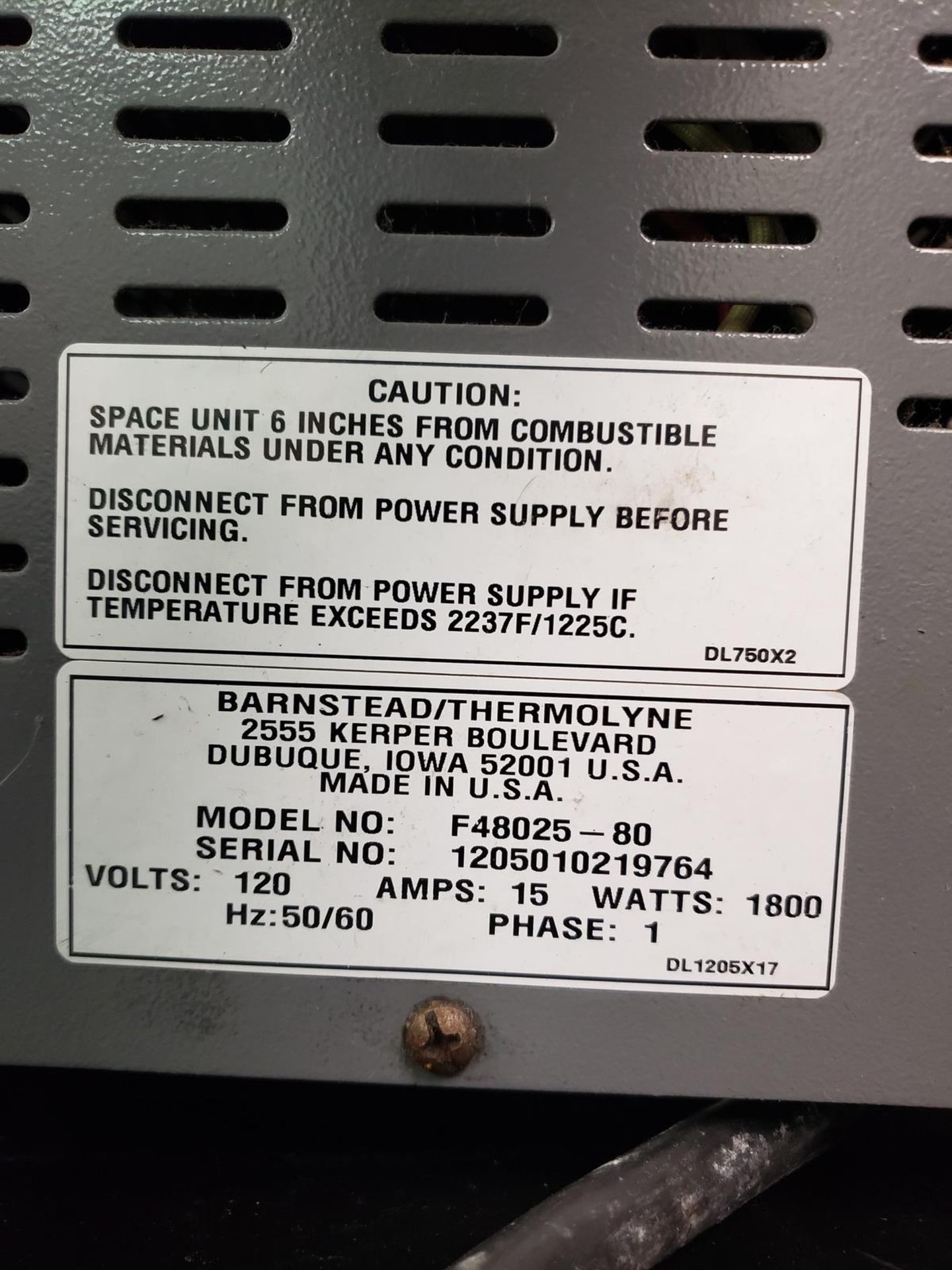 Thermolyne Muffle Furnace, M# F48025-80, S/N 1205010219764 | Rig Fee $50 - Image 2 of 2