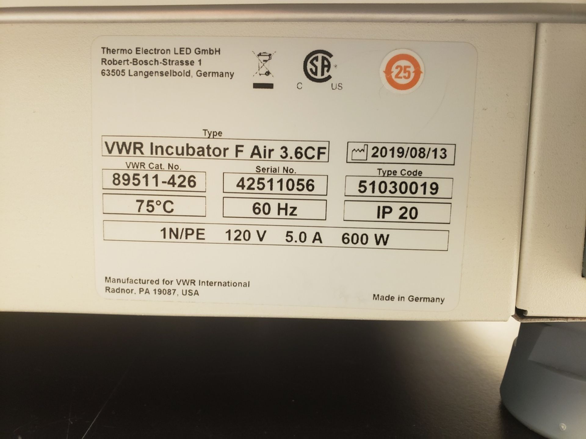 VWR Incubator F Air 3.6CF, S/N 42511056 | Rig Fee $100 - Image 2 of 3