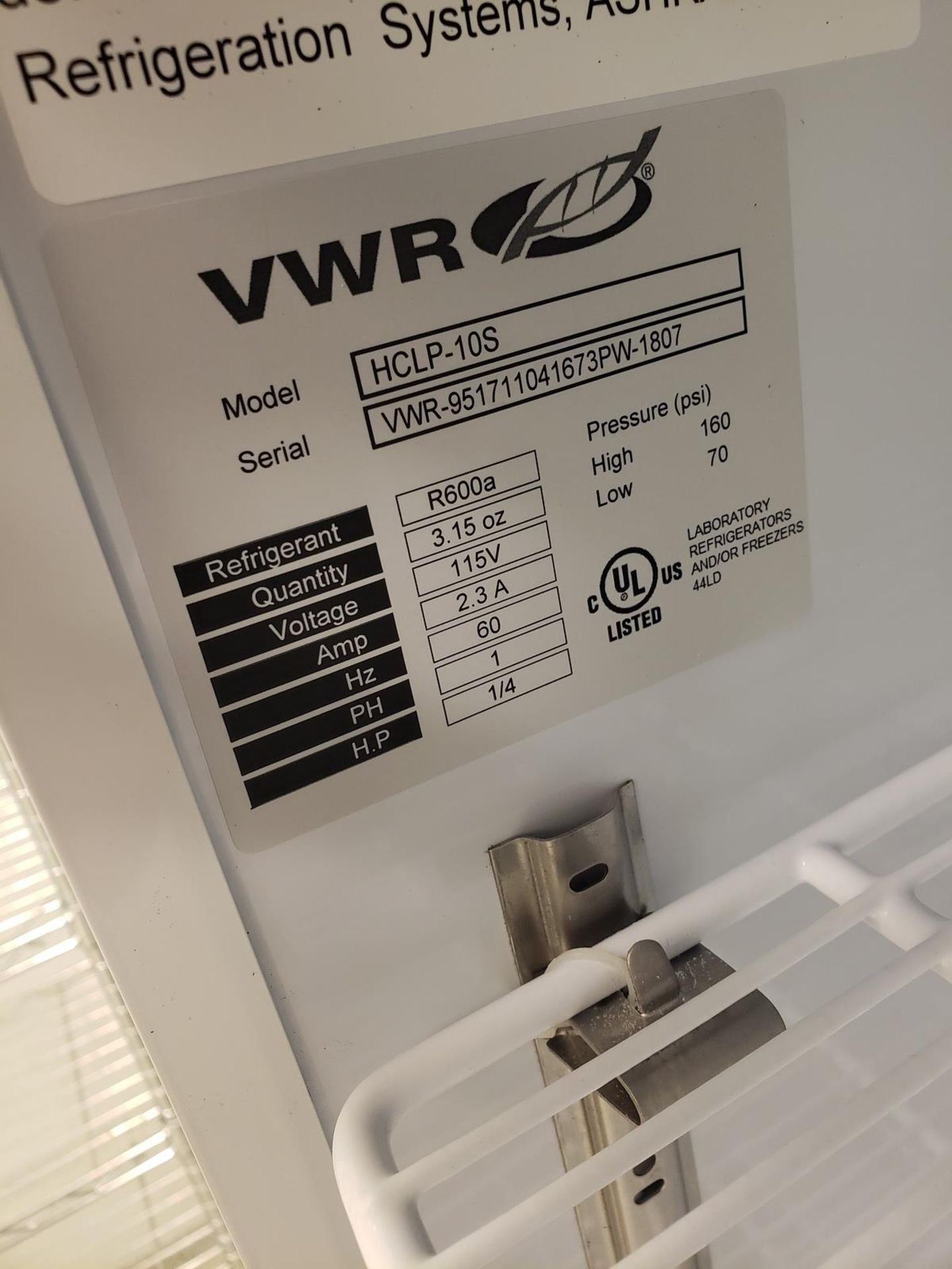 VWR Refrigerator, M# HCLP-10S, S/N VWR-951711041673PW-1807 - Image 2 of 3