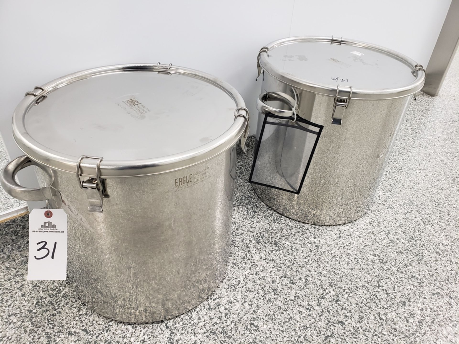 Lot of (2) 60 Liter Eagle Stainless Container Storage Tanks, W/ Clip-Down Covers | Rig Fee $25