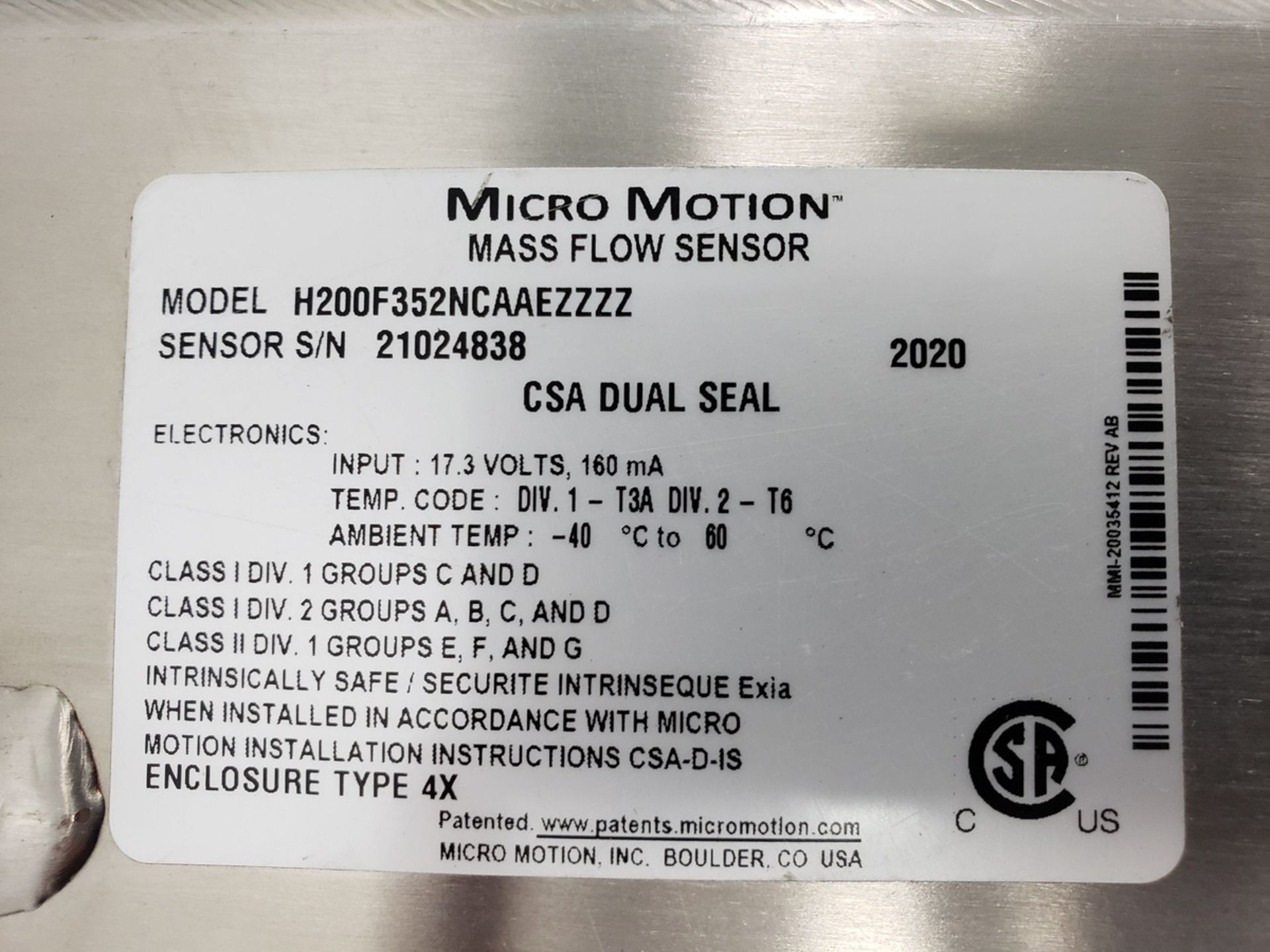 Micro Motion Mass Flow Sensor, M# KH200F352NCAAEZZZZ, S/N 21024838 | Rig Fee $25 - Image 2 of 4