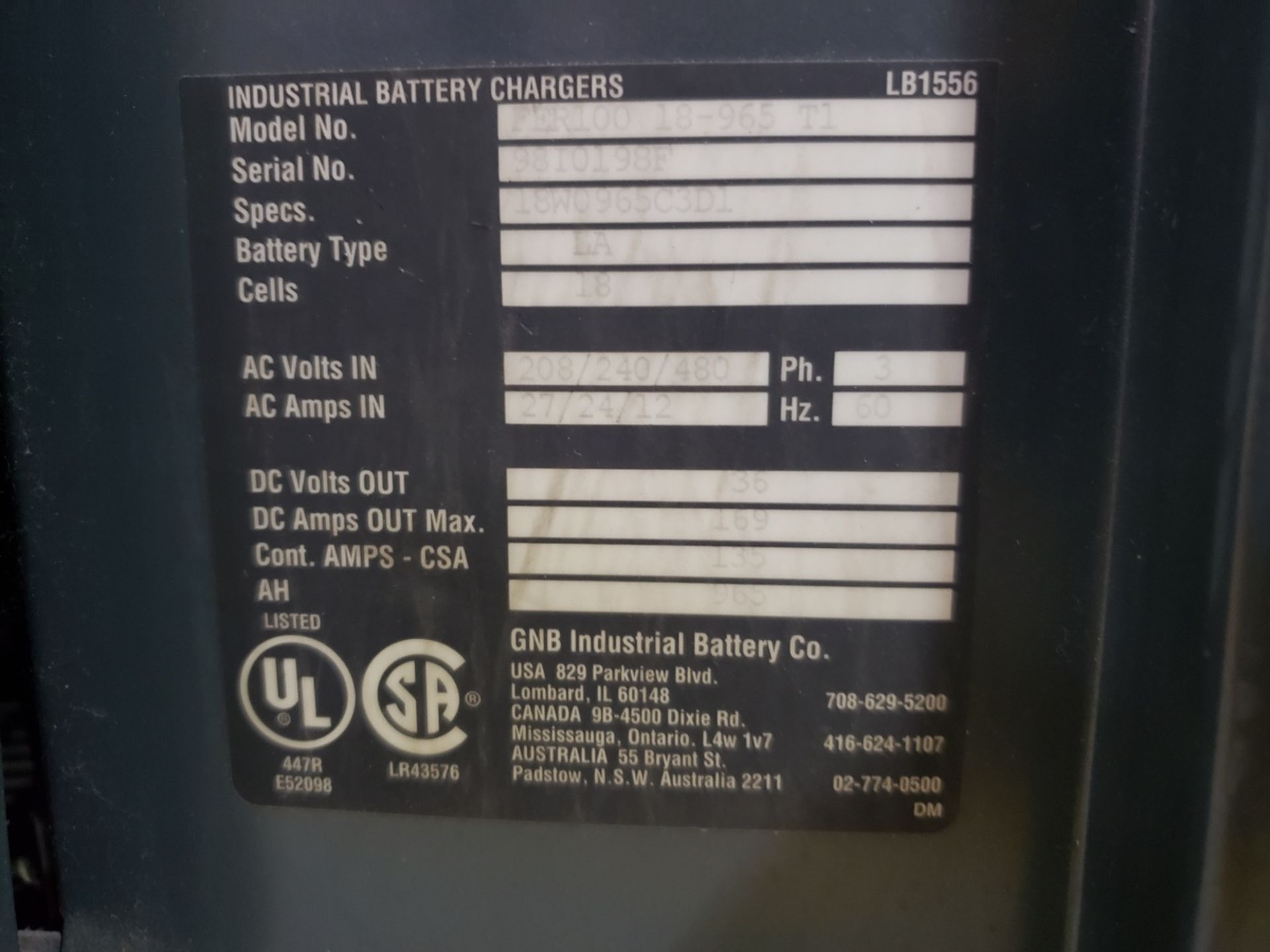 GNB Battery Charger, 36 Volt, M# FER100 18 965 T1, S/N 98I0198F | Rig Fee $150 - Image 2 of 2