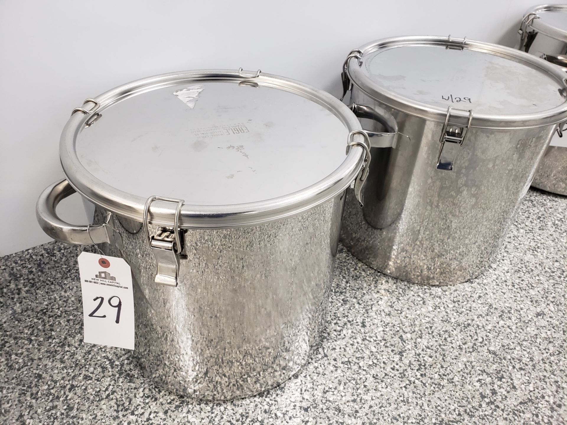 Lot of (2) 36 Liter Eagle Stainless Container Storage Tanks, W/ Clip-Down Covers | Rig Fee $25