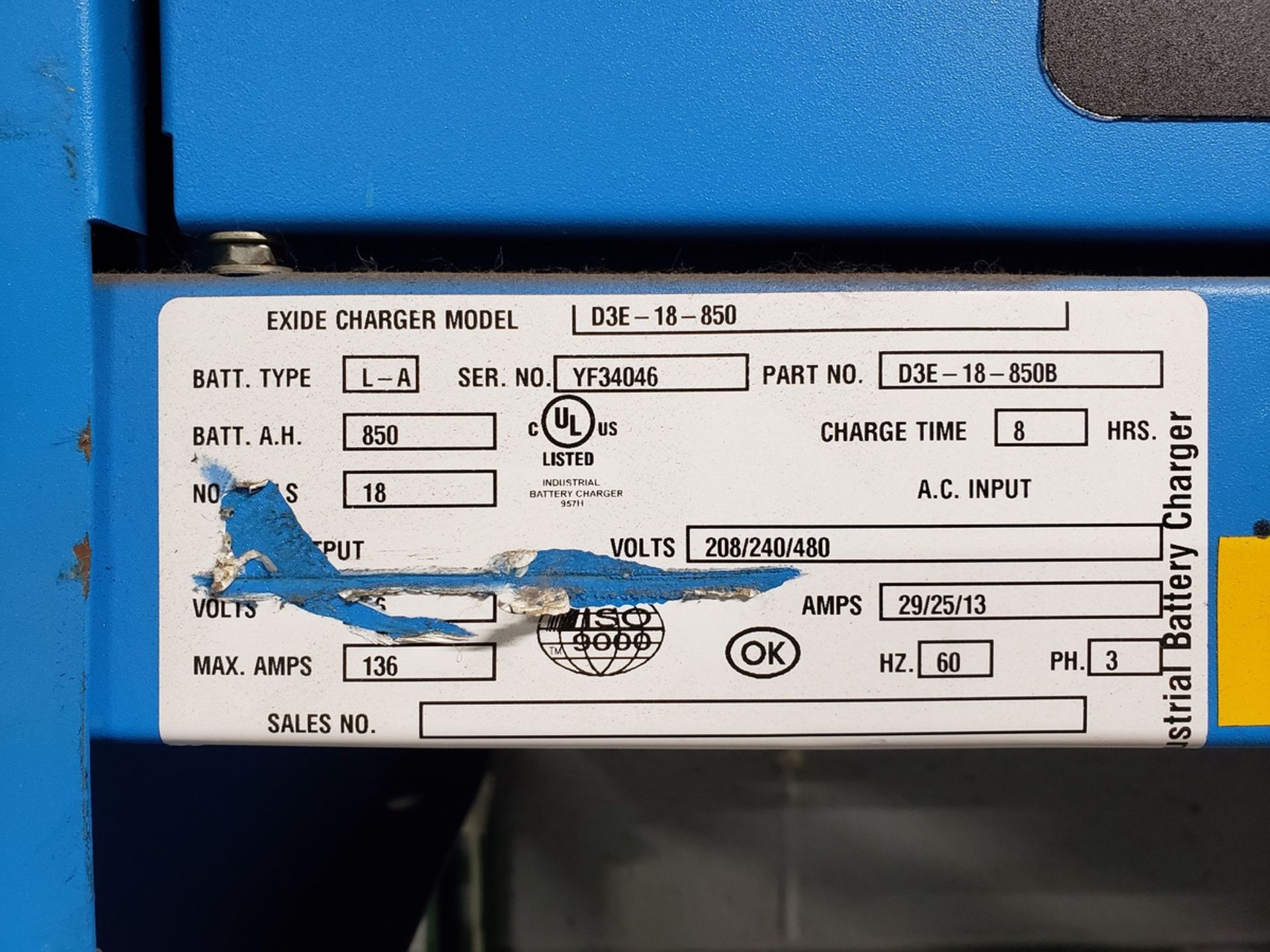 Exide Battery Charger, 36 Volt, M# D3E-18-850, S/N YF34046 | Rig Fee $150 - Image 2 of 2