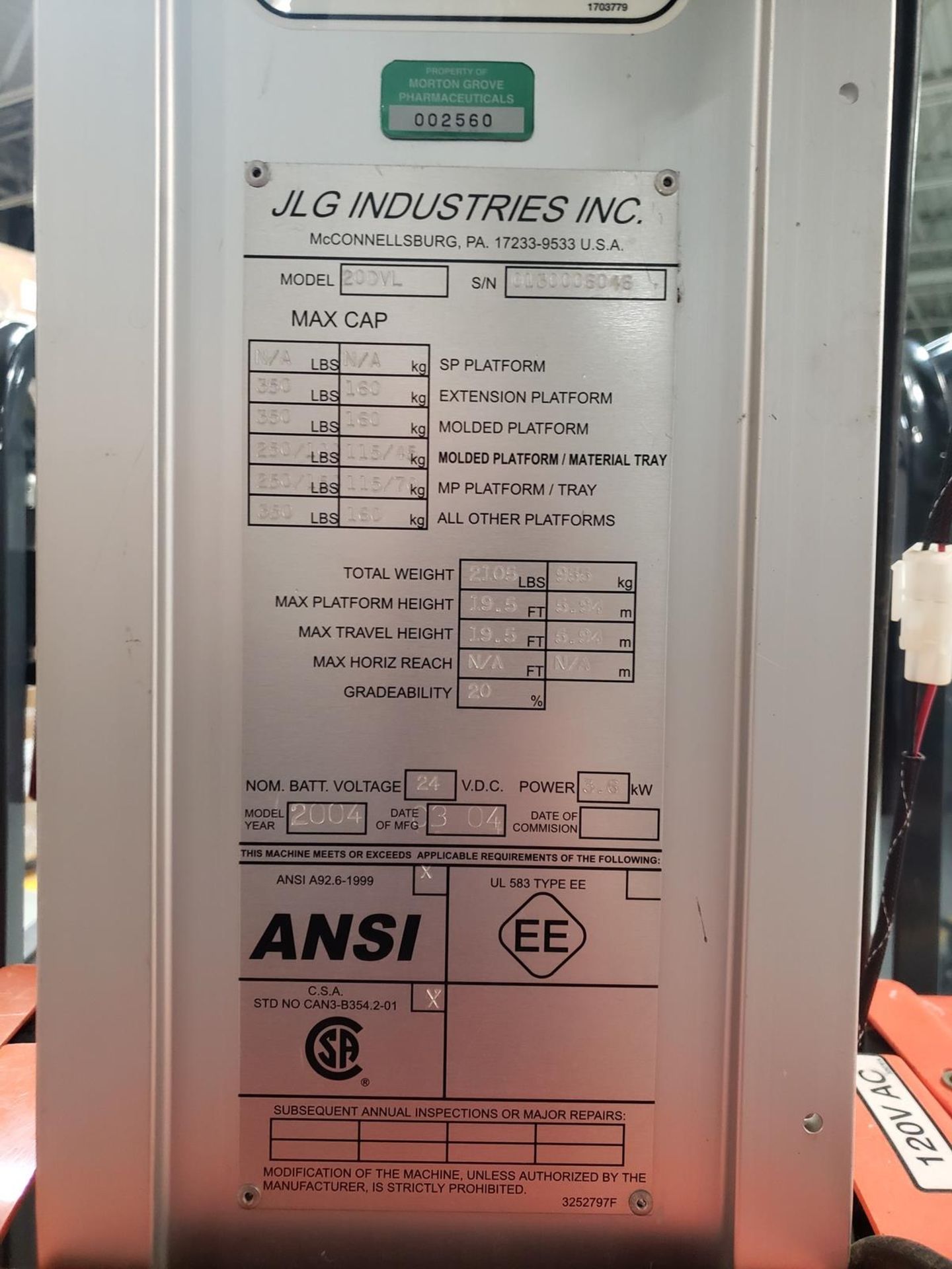 JLG Axxessor Driveable Vertical Lift, M# 20DVL, S/N 0130006046 | Rig Fee $150 - Image 2 of 3