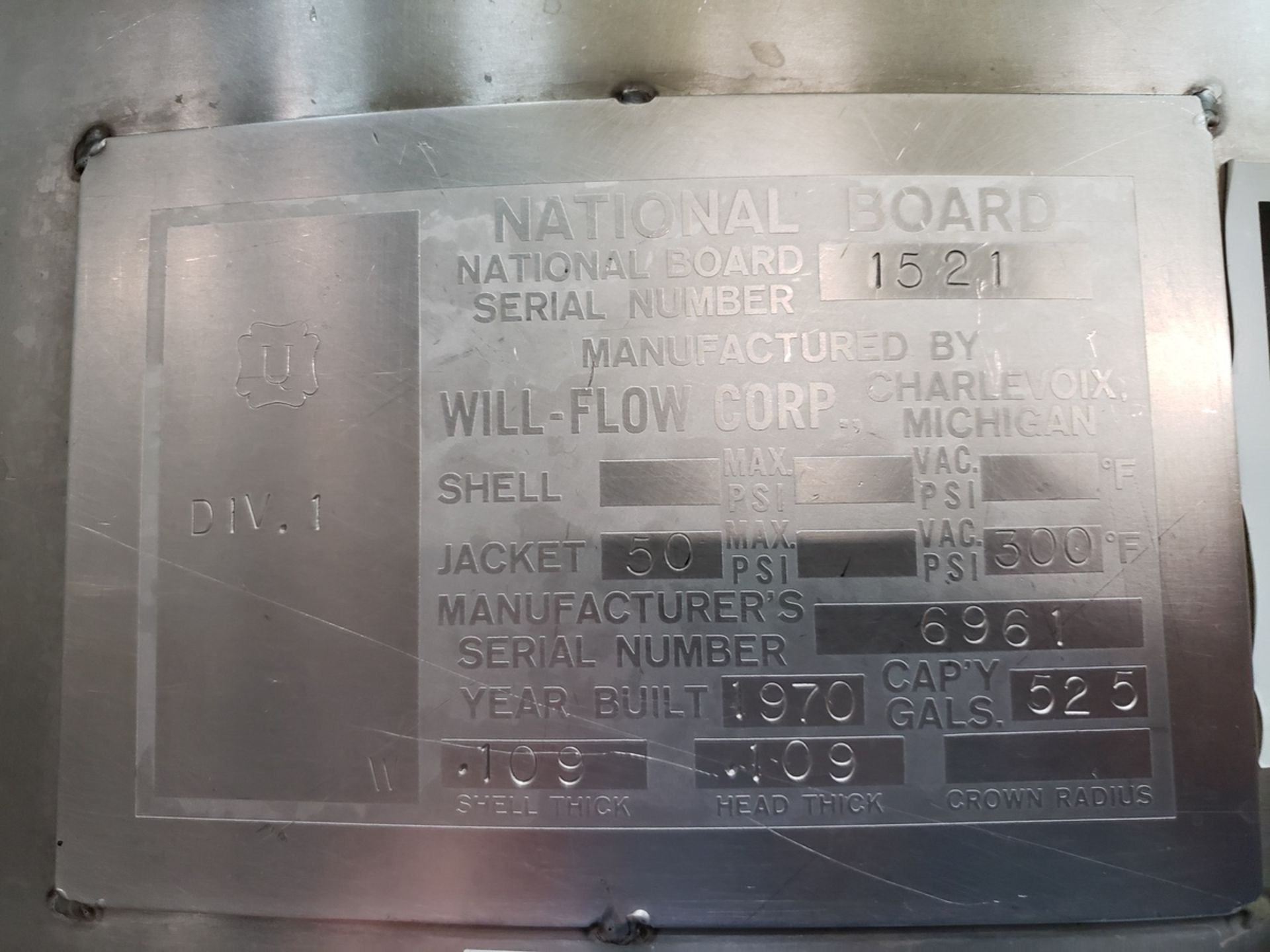 Will-Flow 525 Gallon Dimple Jacketed Stainless Steel Mixing Tank, S/N 6961, W/ Agita | Rig Fee $400 - Image 2 of 9